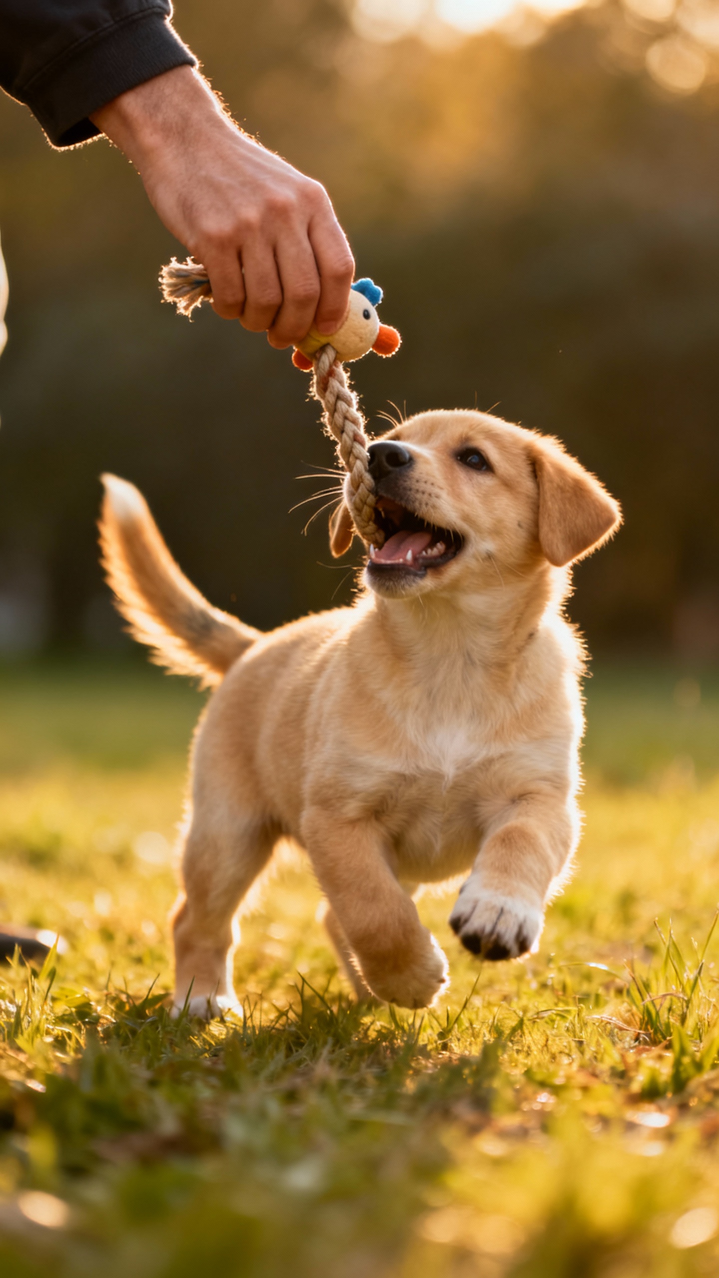 Adult hand trading toy for treat, puppy releasing rope tug