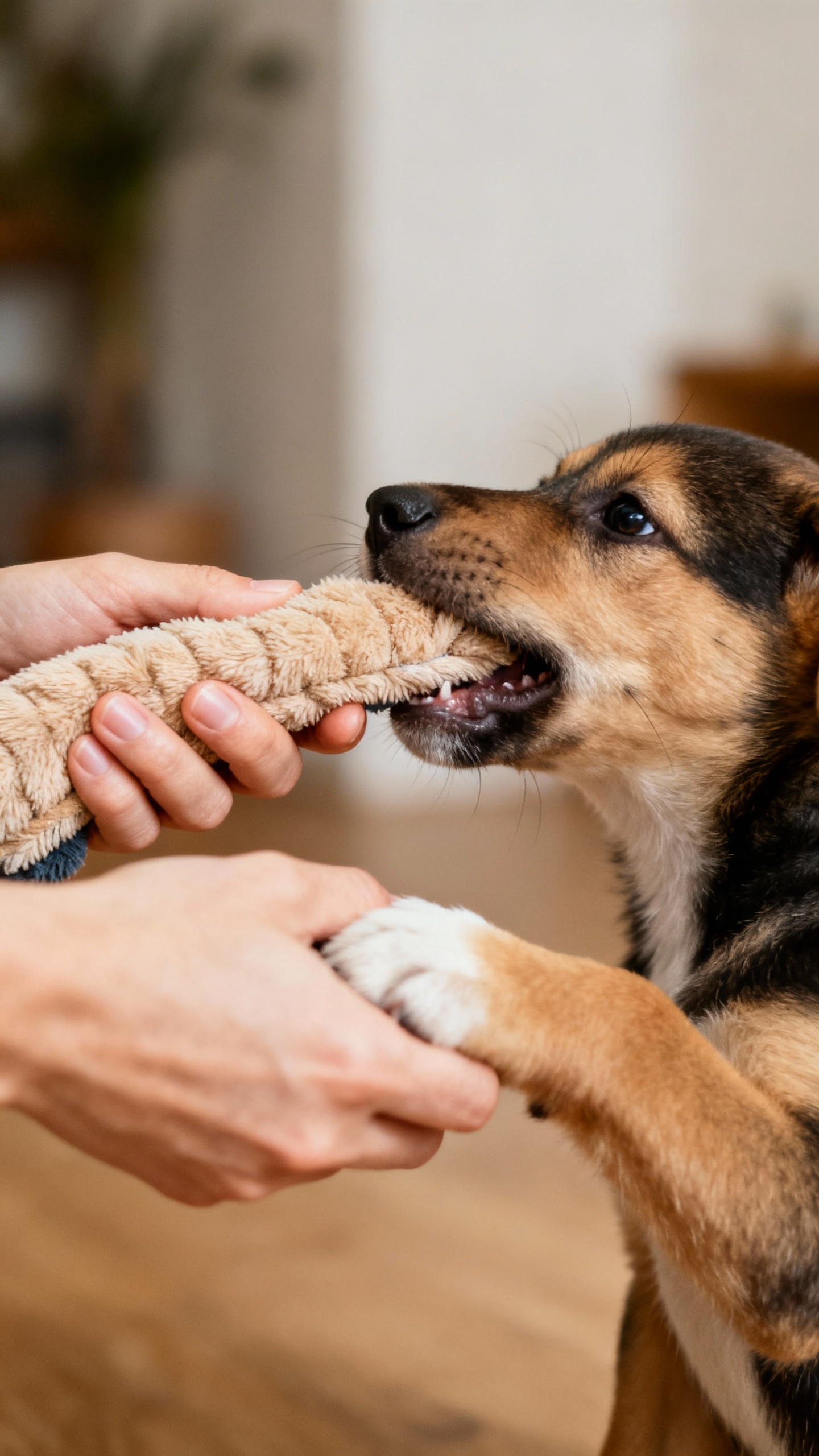 Adult hands freezing still as puppy bites, calm indoor scene, long plush tug between hands and mouth