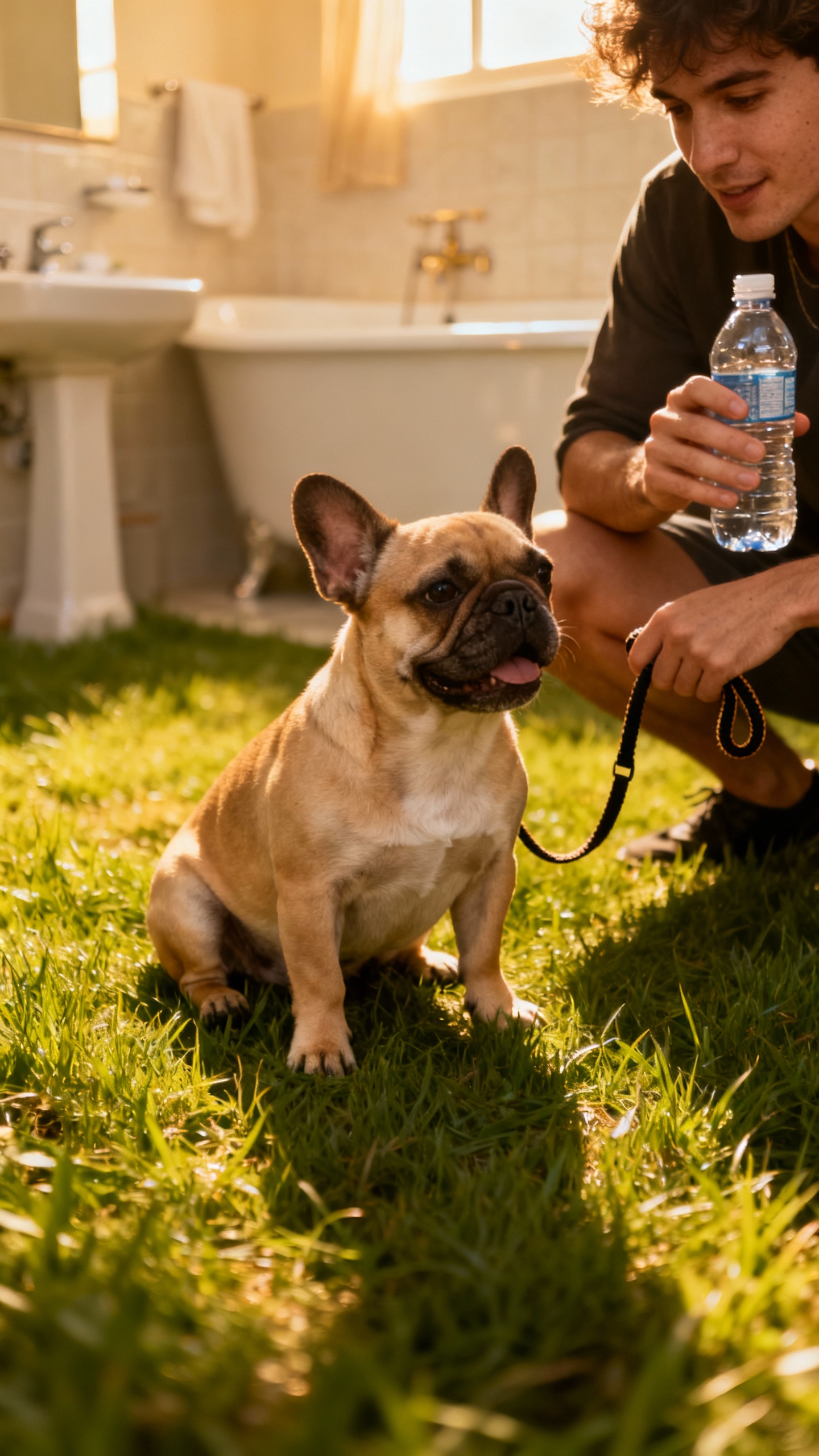 Bathroom spot scene: tiny Frenchie on grass, owner crouched, water bottle, short leash