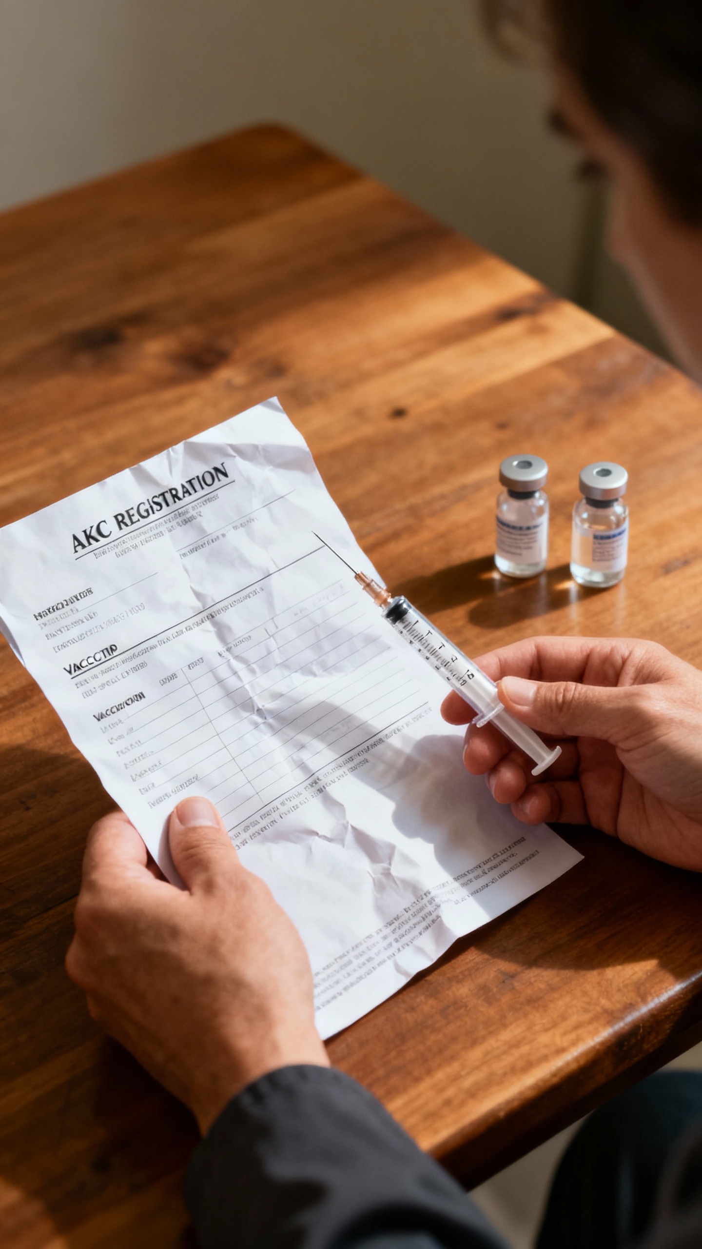 Breeder showing AKC registration papers, microchip syringe, vaccination vials