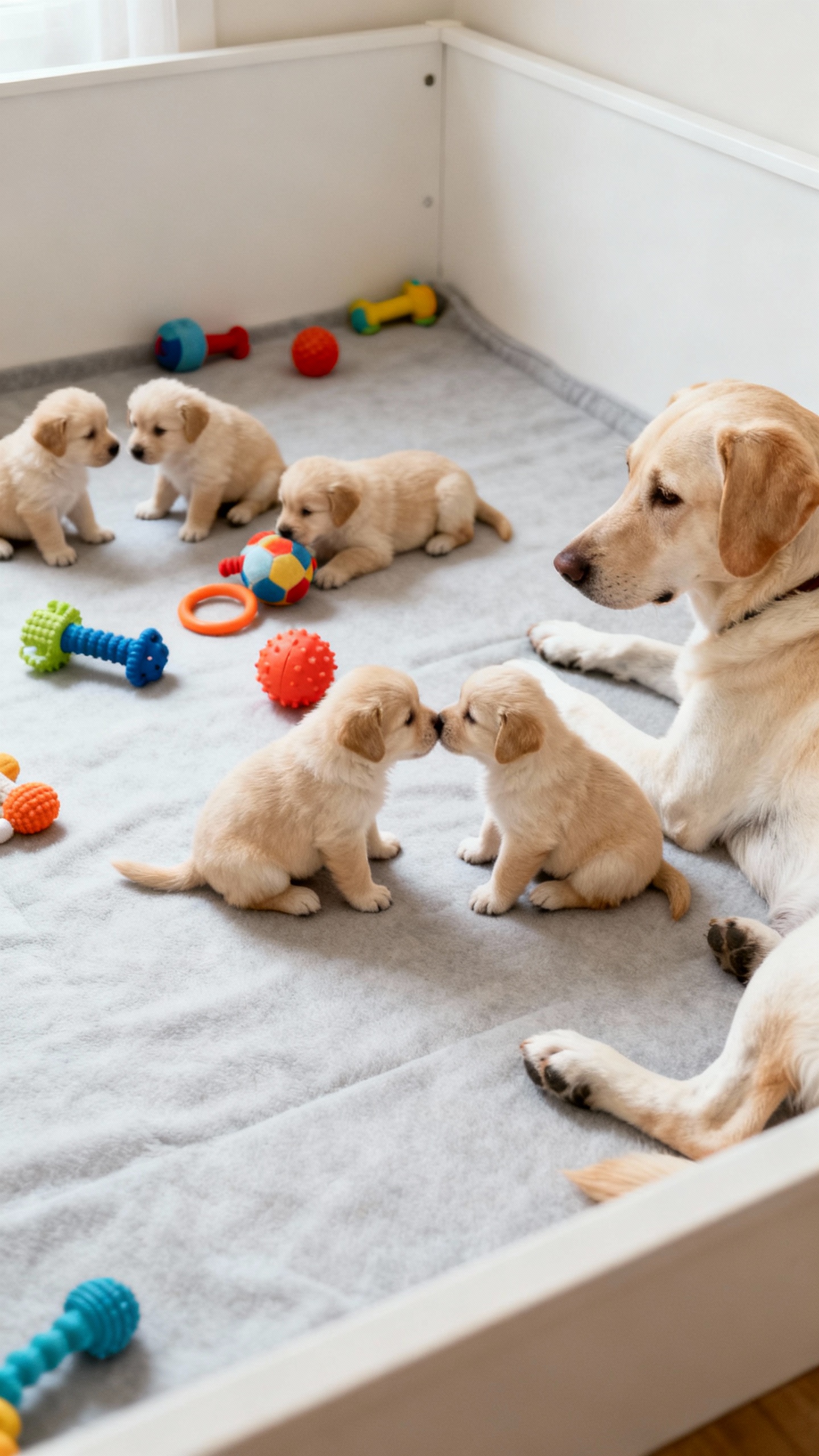 Breeder’s clean whelping area with toys, dam visible, eight-week pups