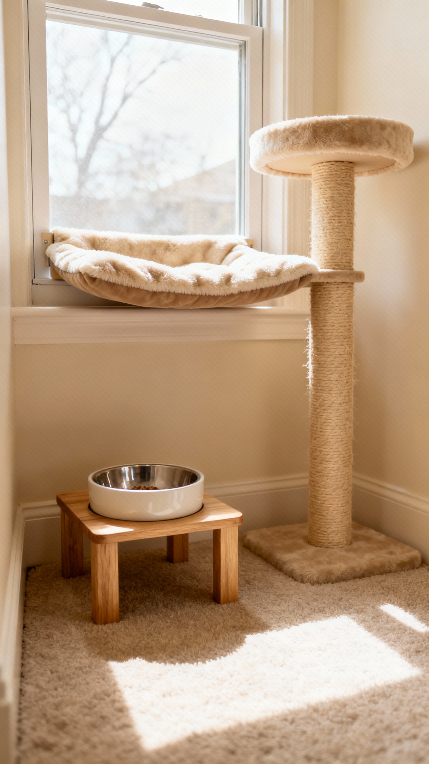 Cat-only safe room setup: elevated bowls, scratching post, comfy window perch