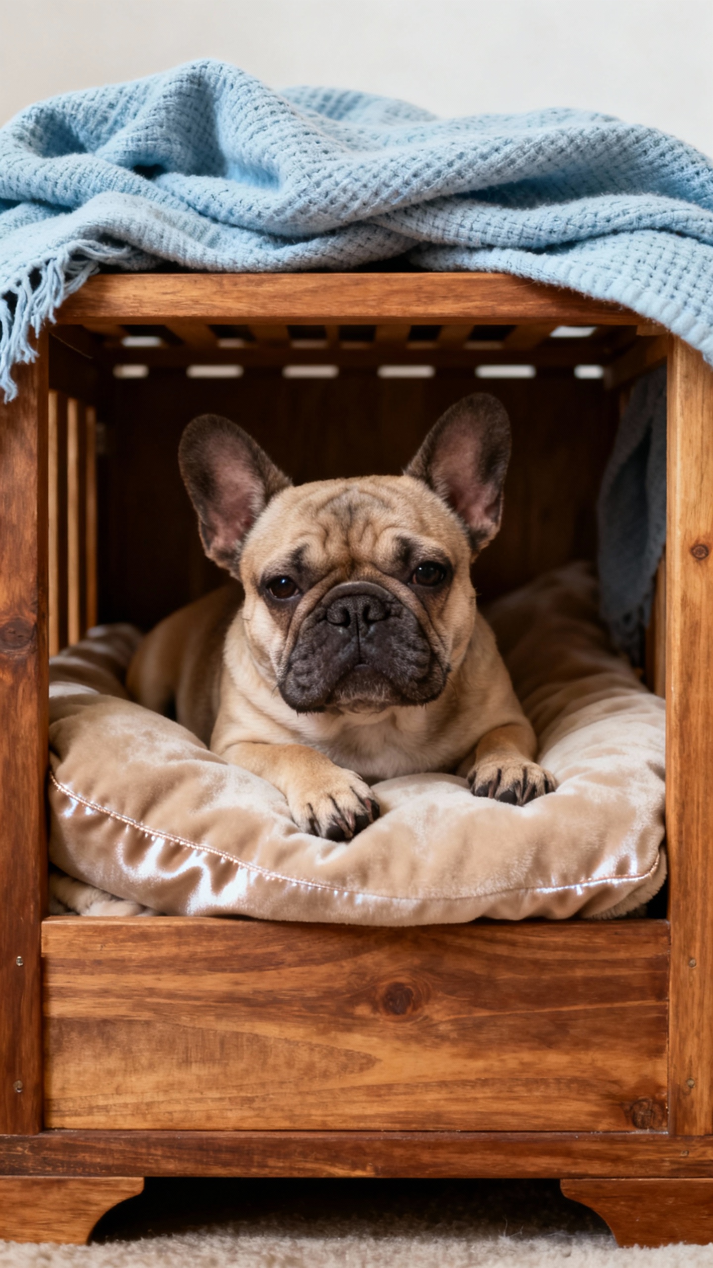 Closeup French Bulldog puppy in crate, soft bedding, blanket-draped top