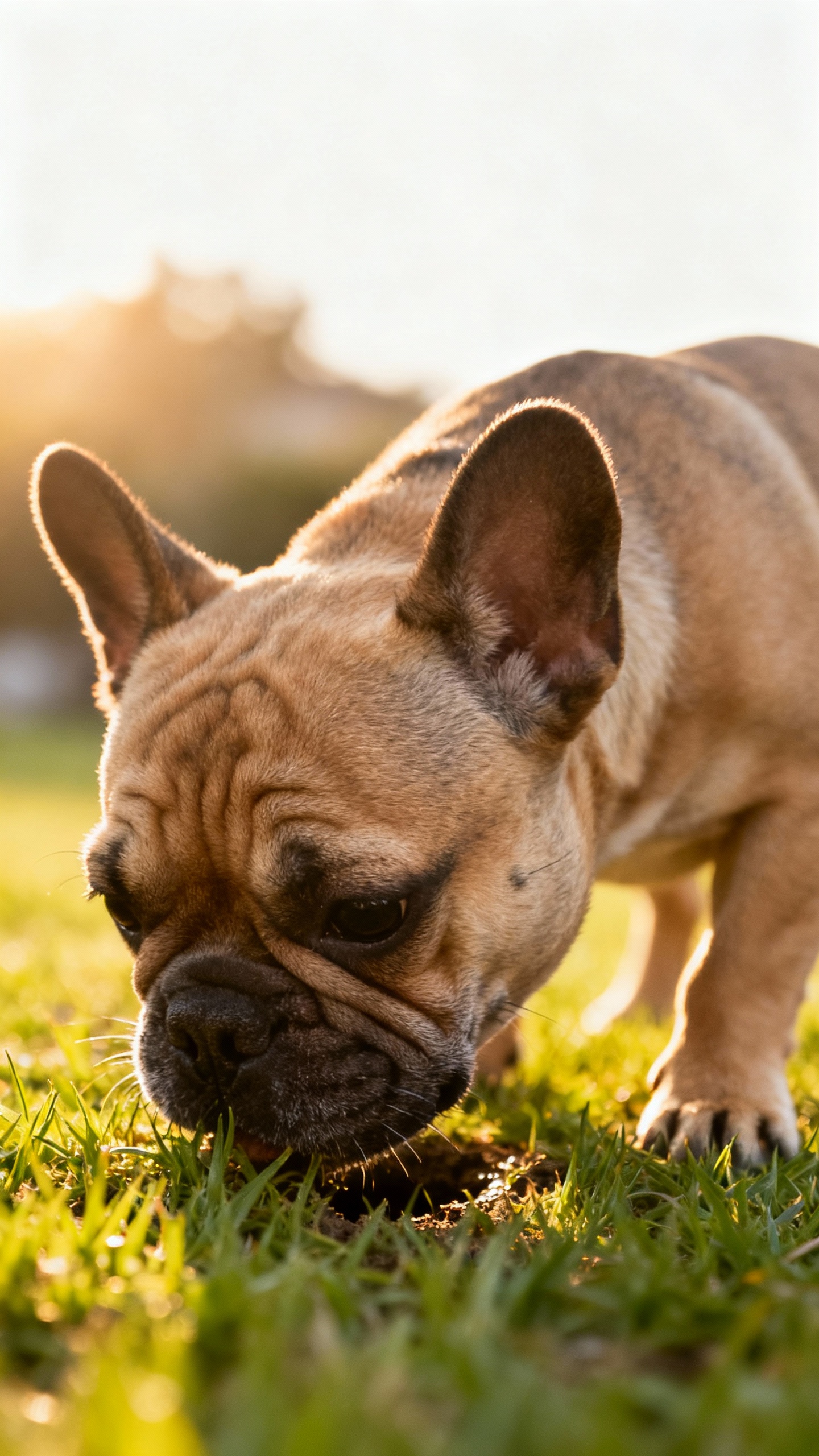 Closeup French Bulldog puppy sniffing grass at designated potty spot, morning light