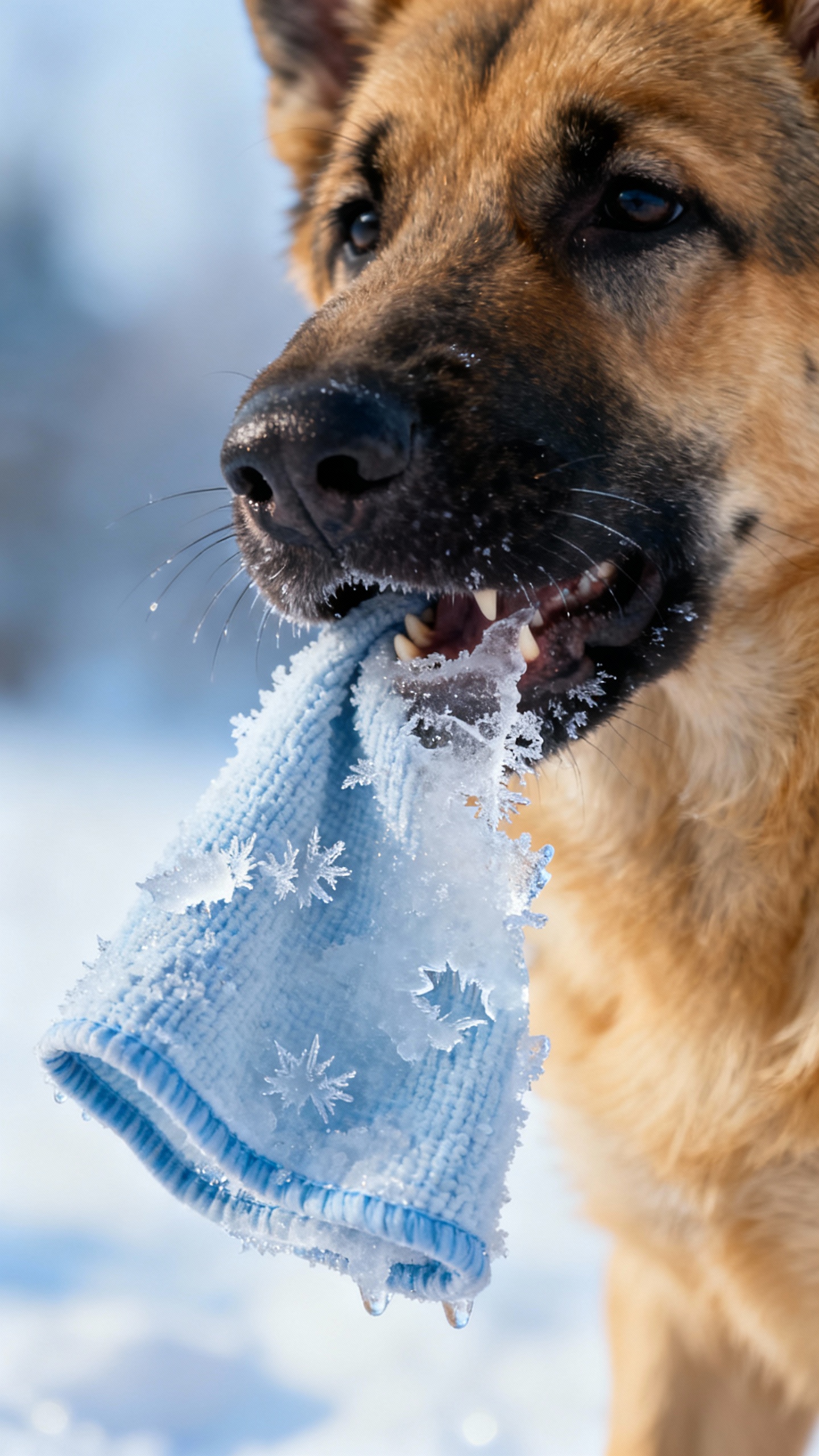 Closeup German Shepherd puppy biting frozen dishcloth, icy texture