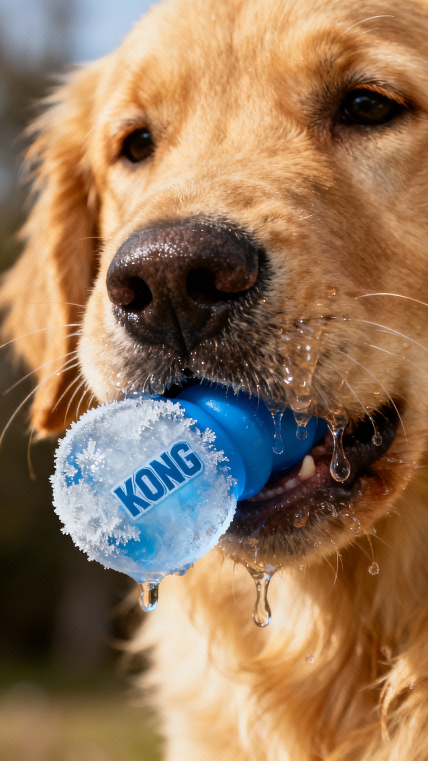 Closeup golden retriever puppy chewing frozen blue KONG, drooly muzzle