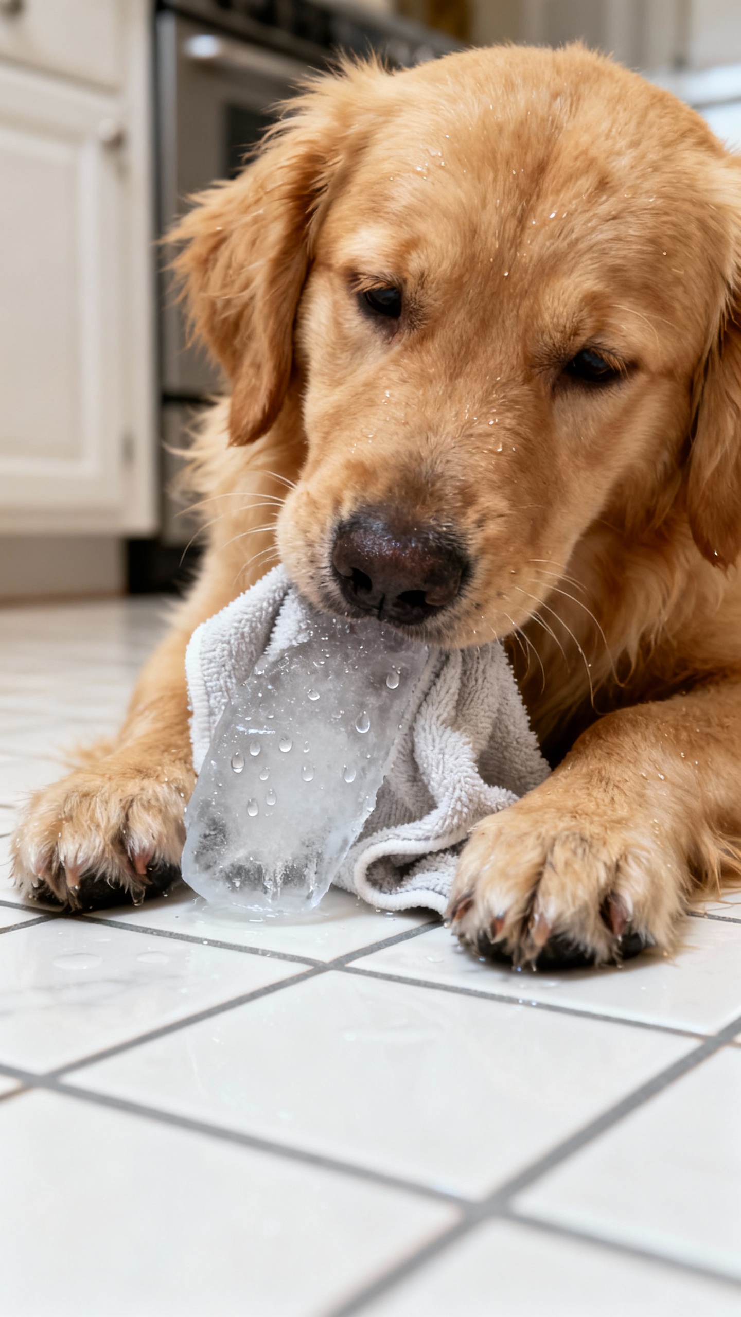 Closeup golden retriever puppy chewing frozen wet towel, kitchen tile