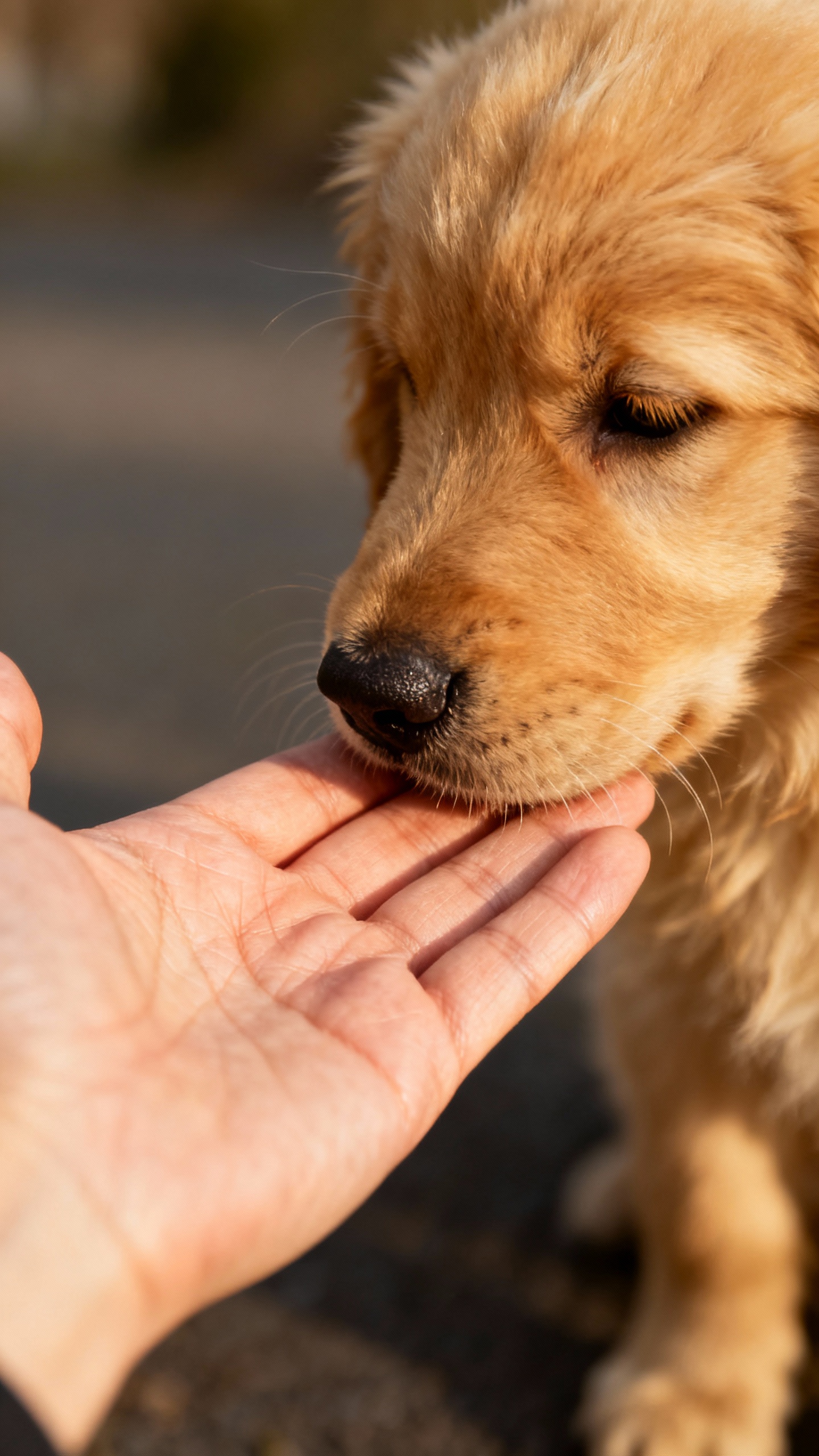 Closeup golden retriever puppy nose touching owner’s palm