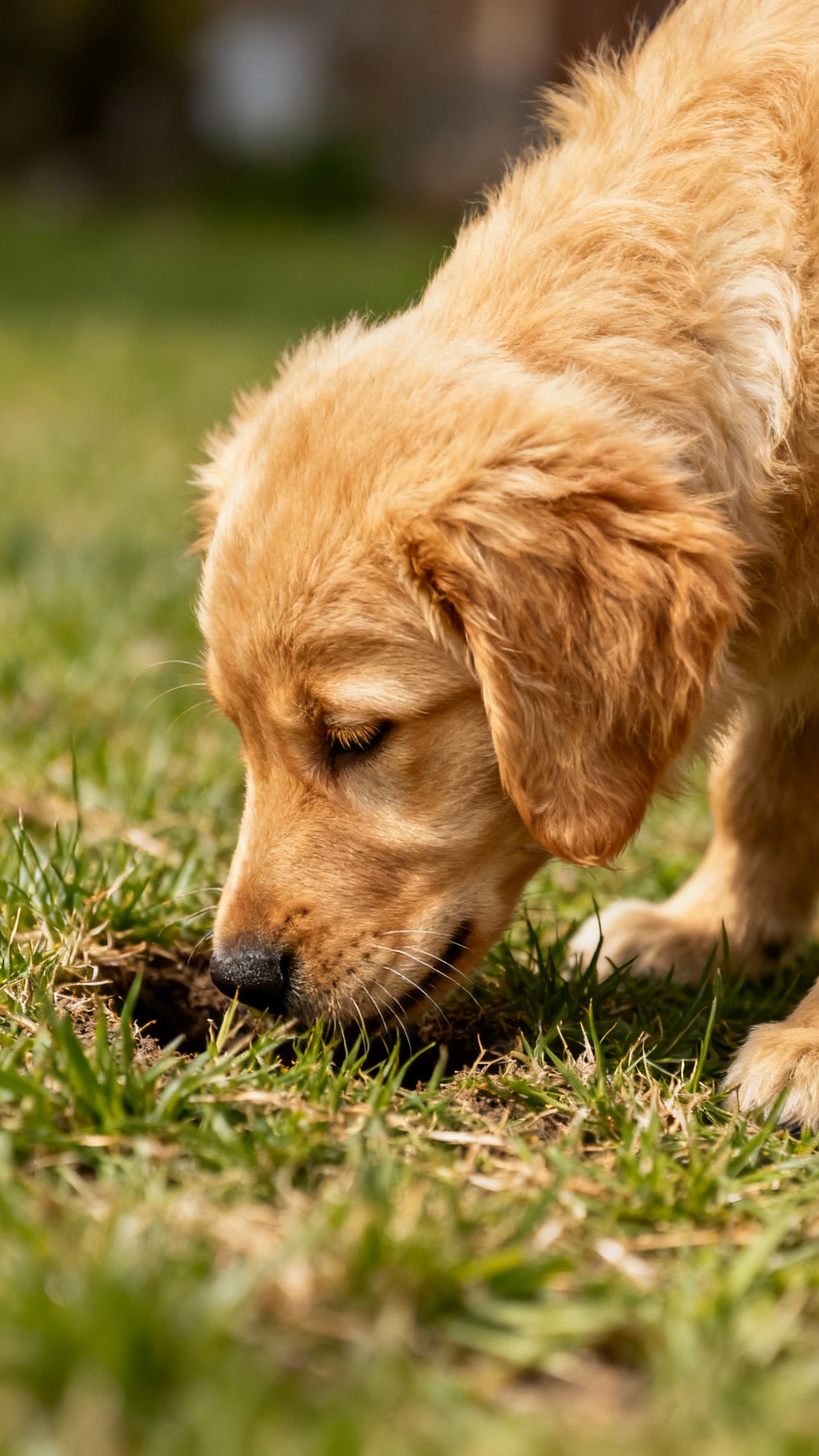 Closeup golden retriever puppy sniffing grass at designated potty spot