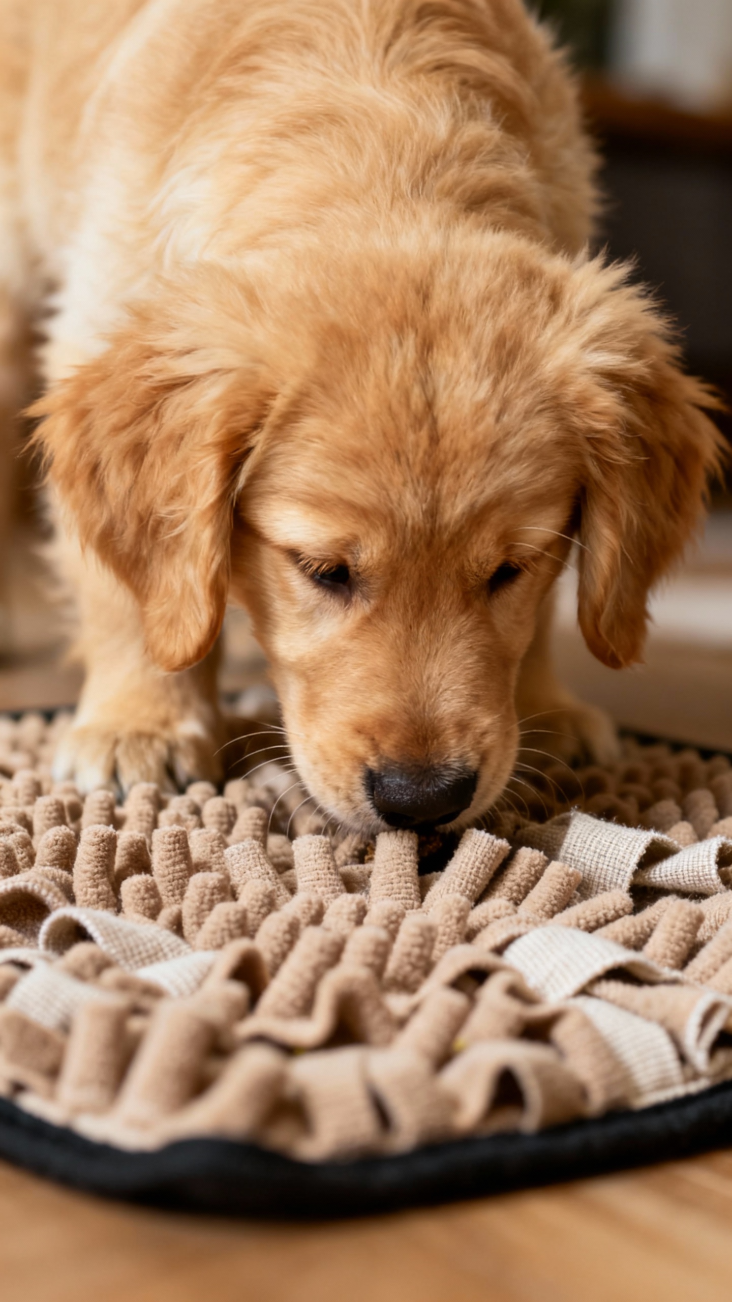 Closeup golden retriever puppy sniffing snuffle mat, soft lighting