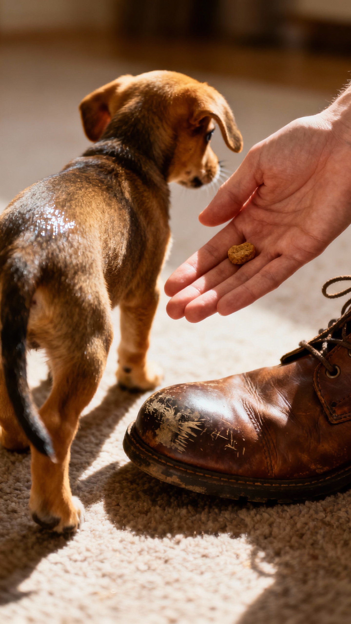Closeup hand offering treat for “leave it,” puppy backing off shoe