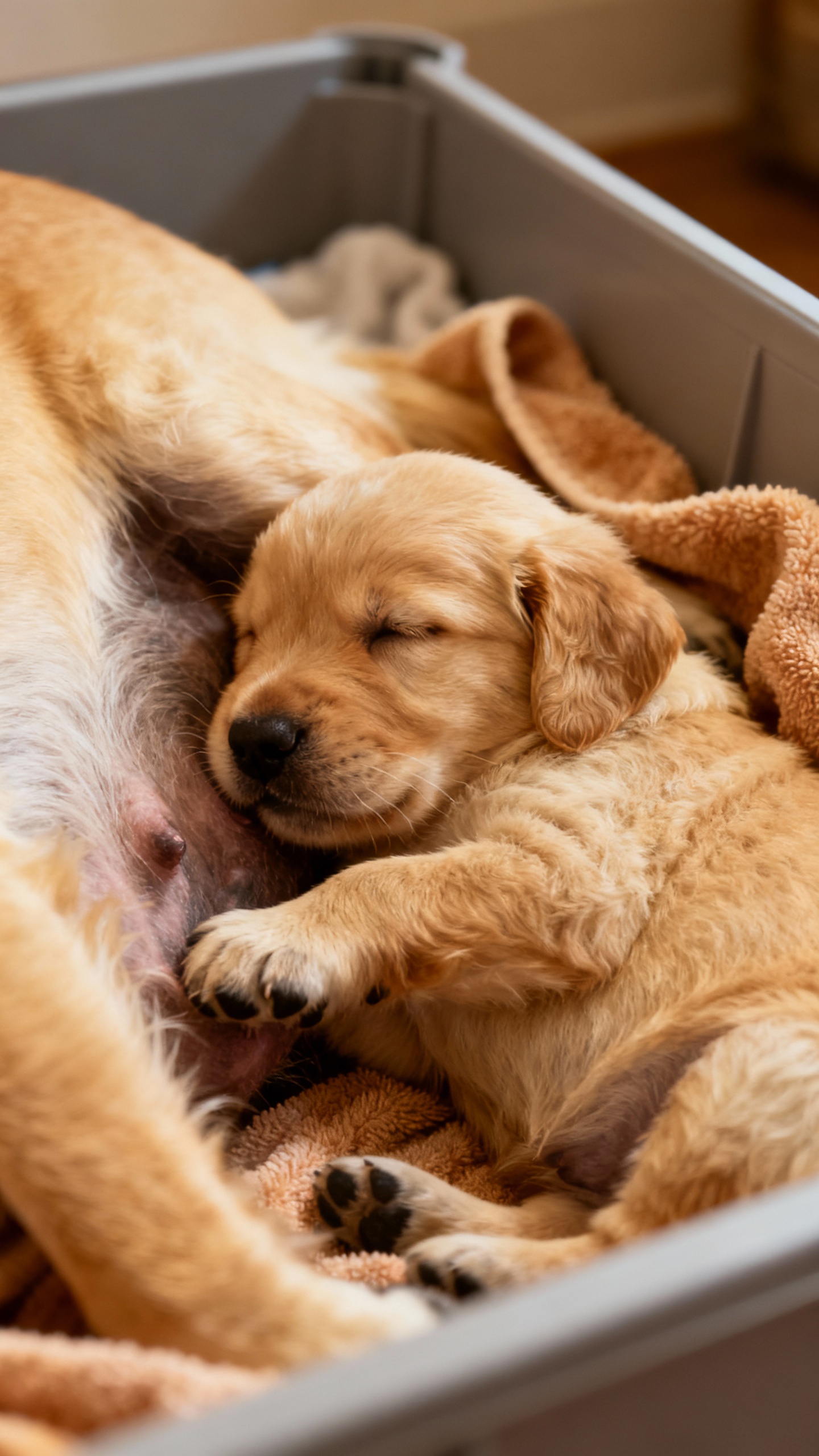 Closeup newborn golden retriever nursing, whelping box, warm towels