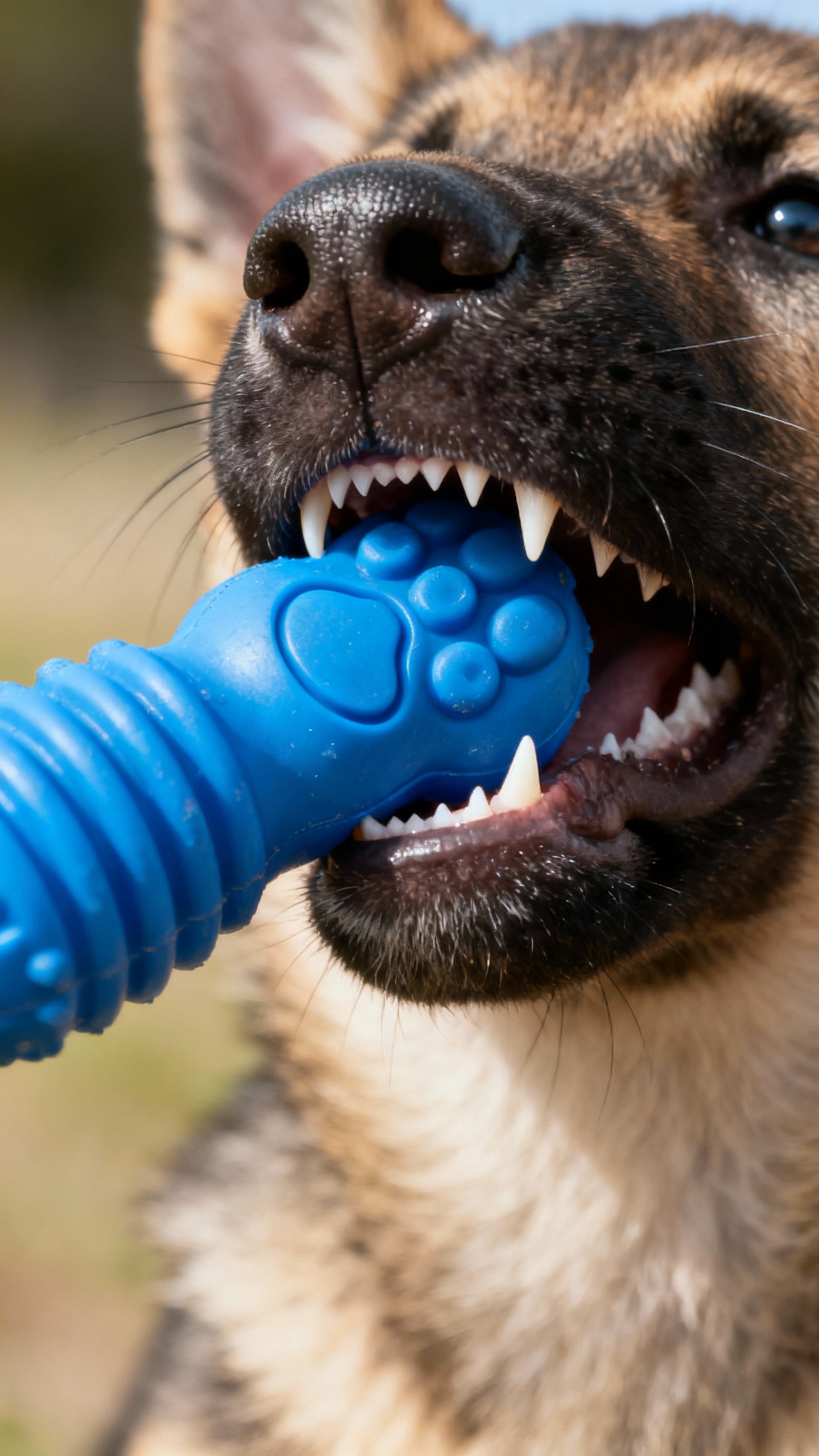 Closeup of 12-week German Shepherd chewing blue rubber Kong, tiny shark teeth