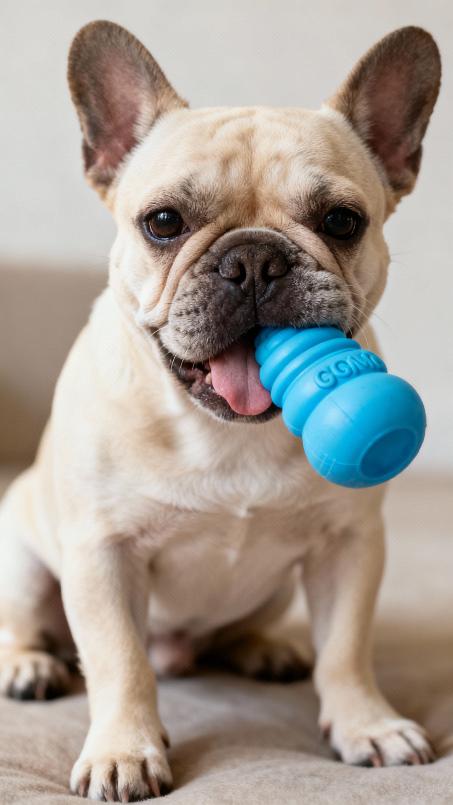 Closeup of French Bulldog puppy chewing soft blue rubber Kong