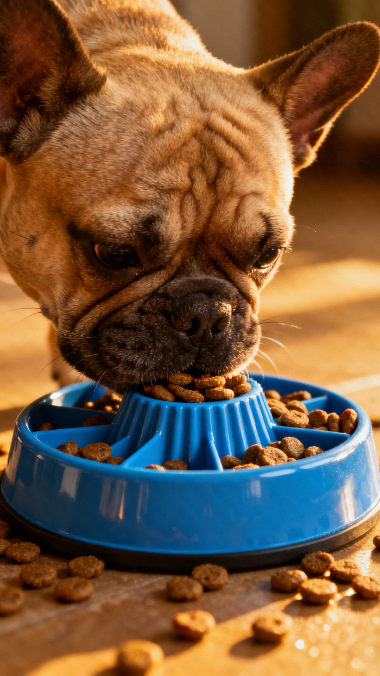 Closeup of French Bulldog puppy eating kibble from blue slow-feeder bowl