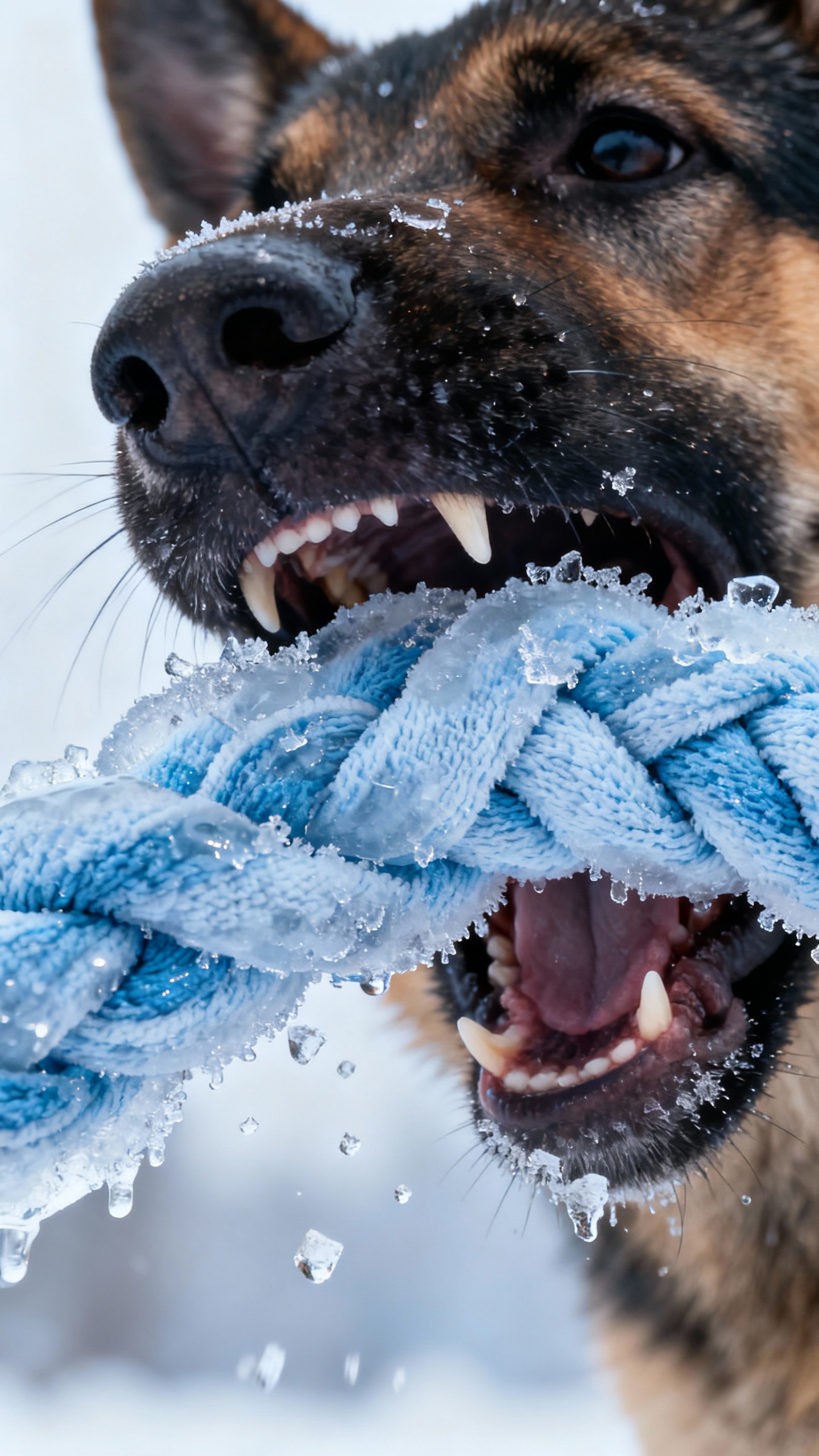 Closeup of German Shepherd puppy chewing frozen twisted washcloth, icy texture