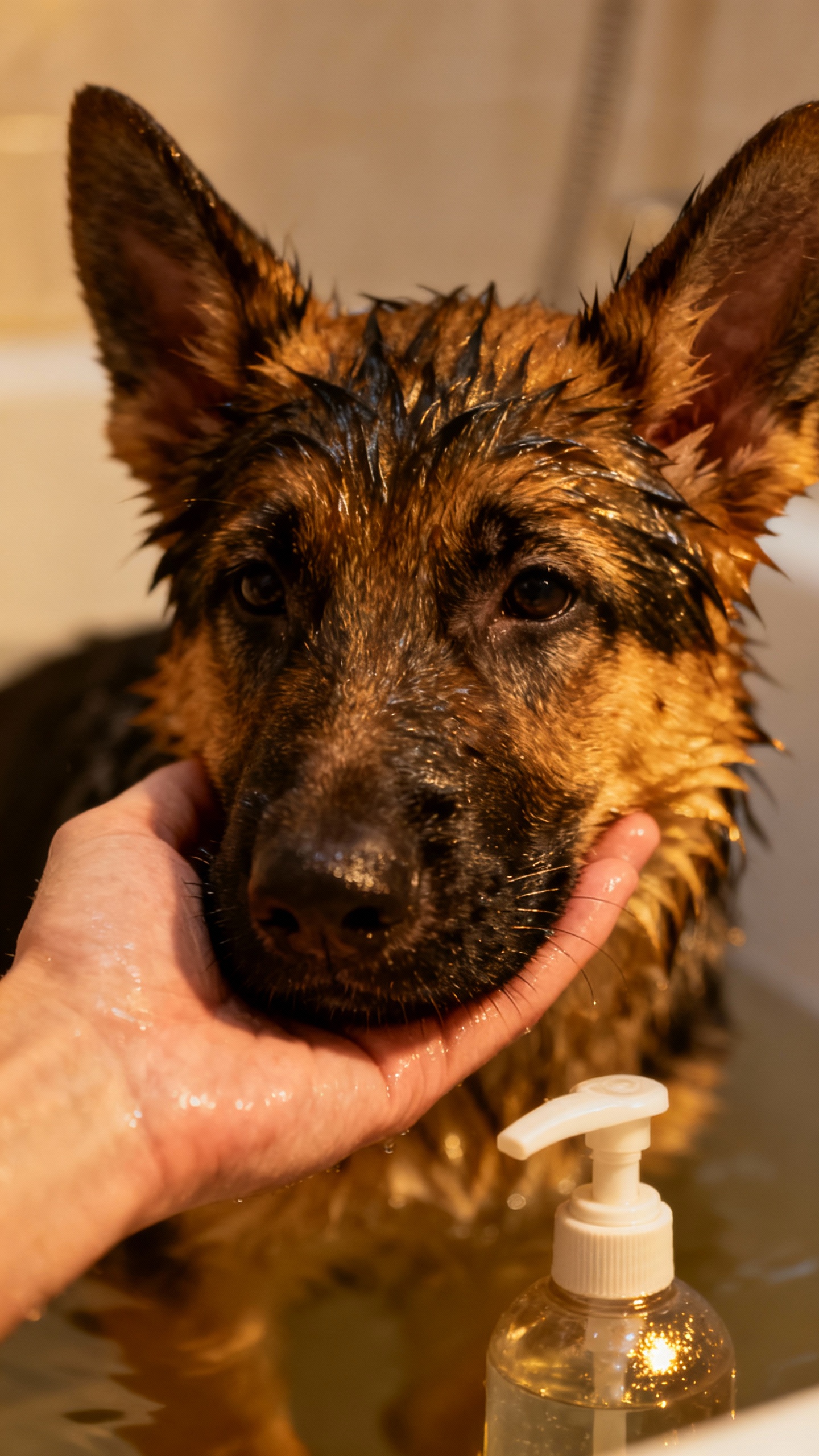 Closeup of German Shepherd puppy chin resting in hand, damp fur, lukewarm sprayer nearby