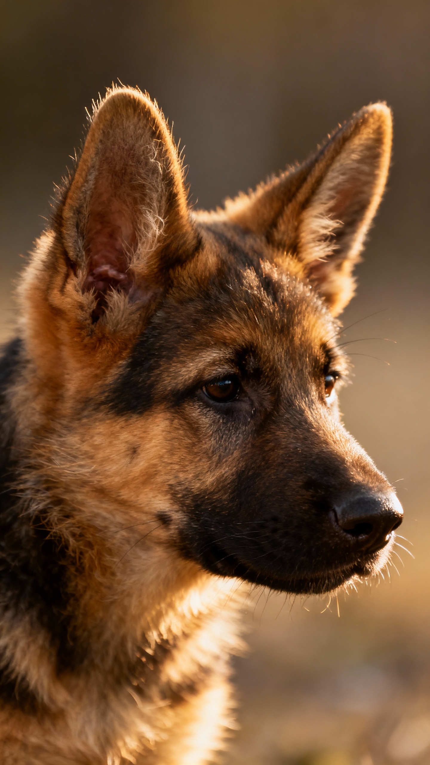 Closeup of German Shepherd puppy ears, one up, one down
