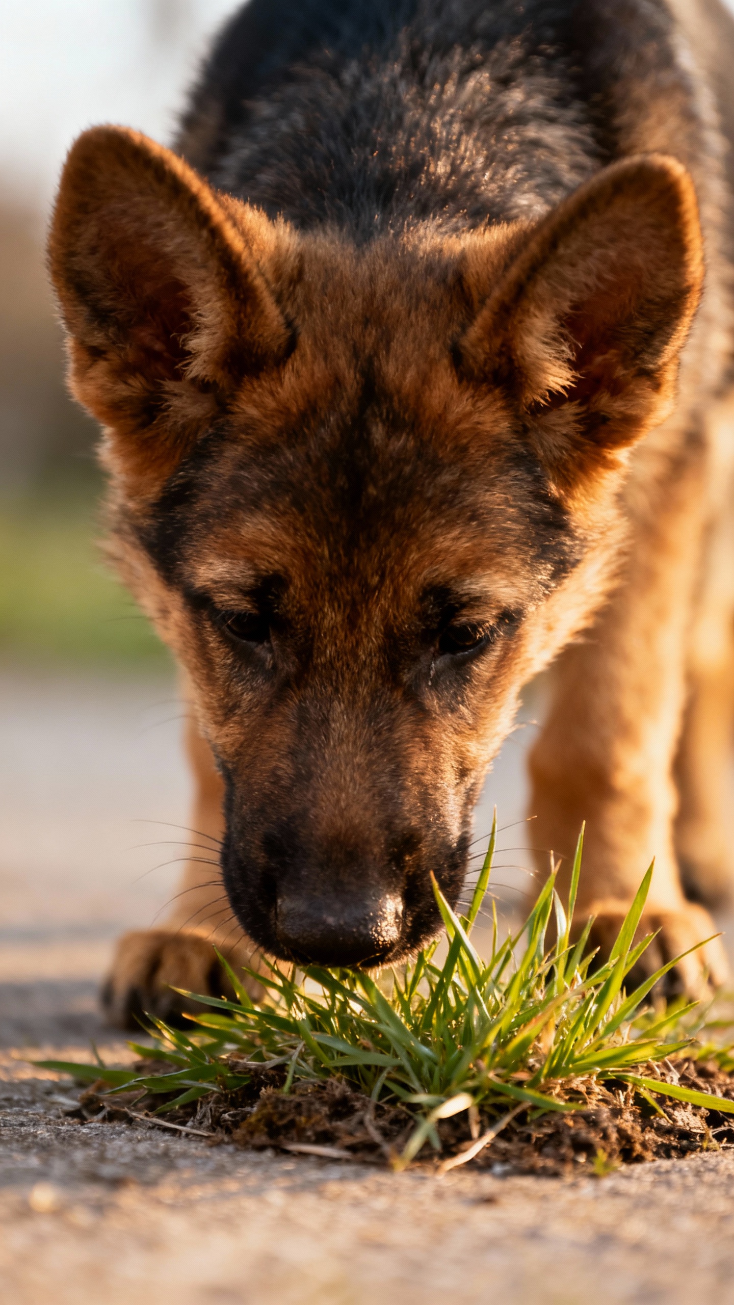 Closeup of German Shepherd puppy sniffing a small grass patch