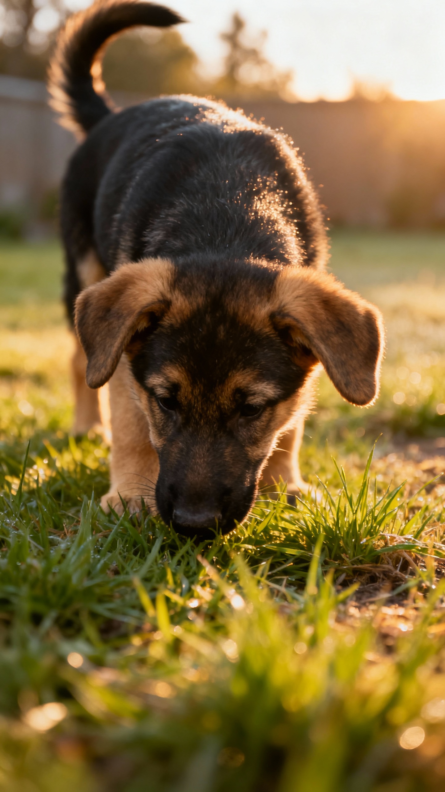 Closeup of German Shepherd puppy sniffing grass, sunrise yard