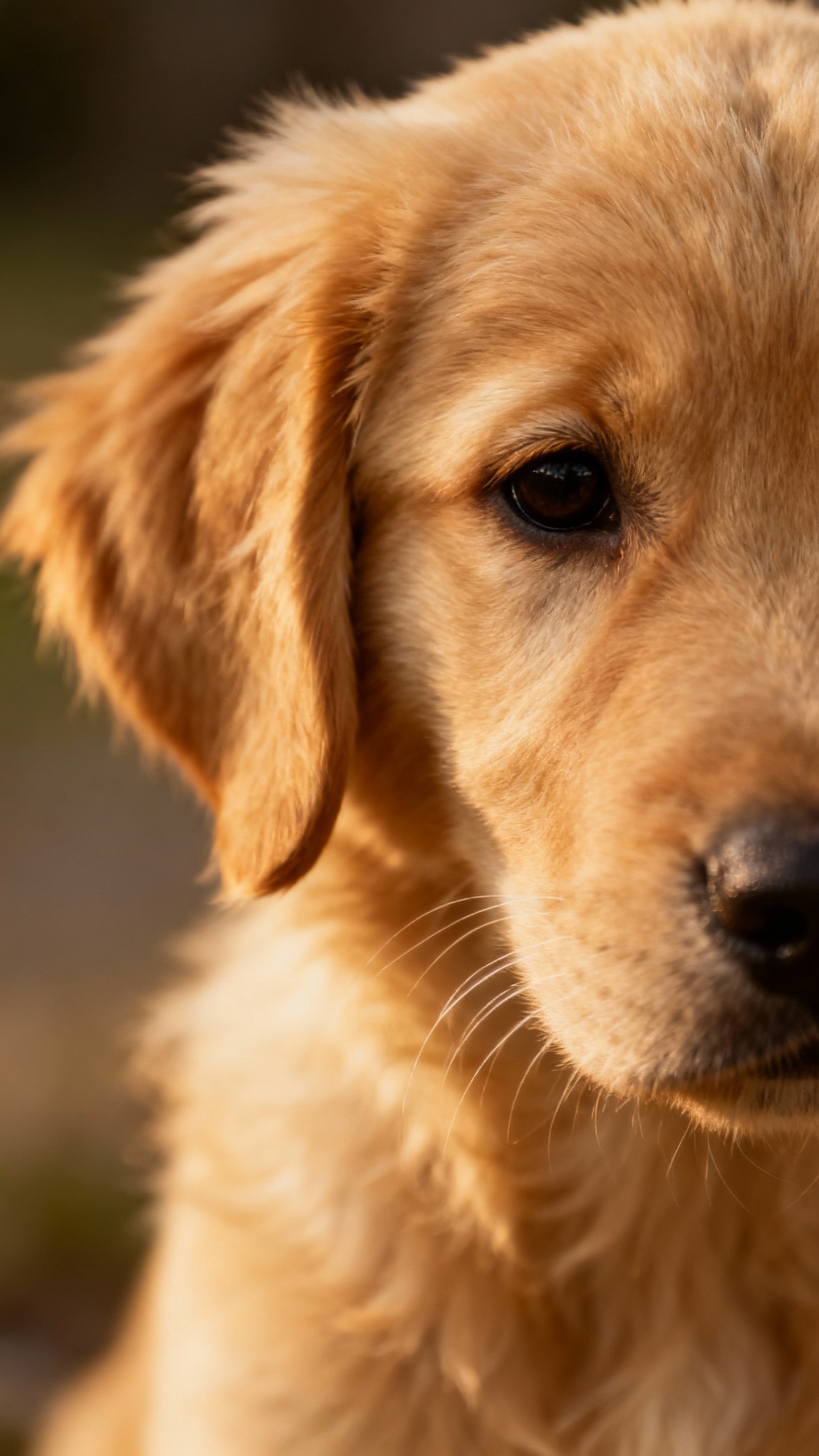 Closeup of golden retriever puppy head, dark kind eyes, medium ears
