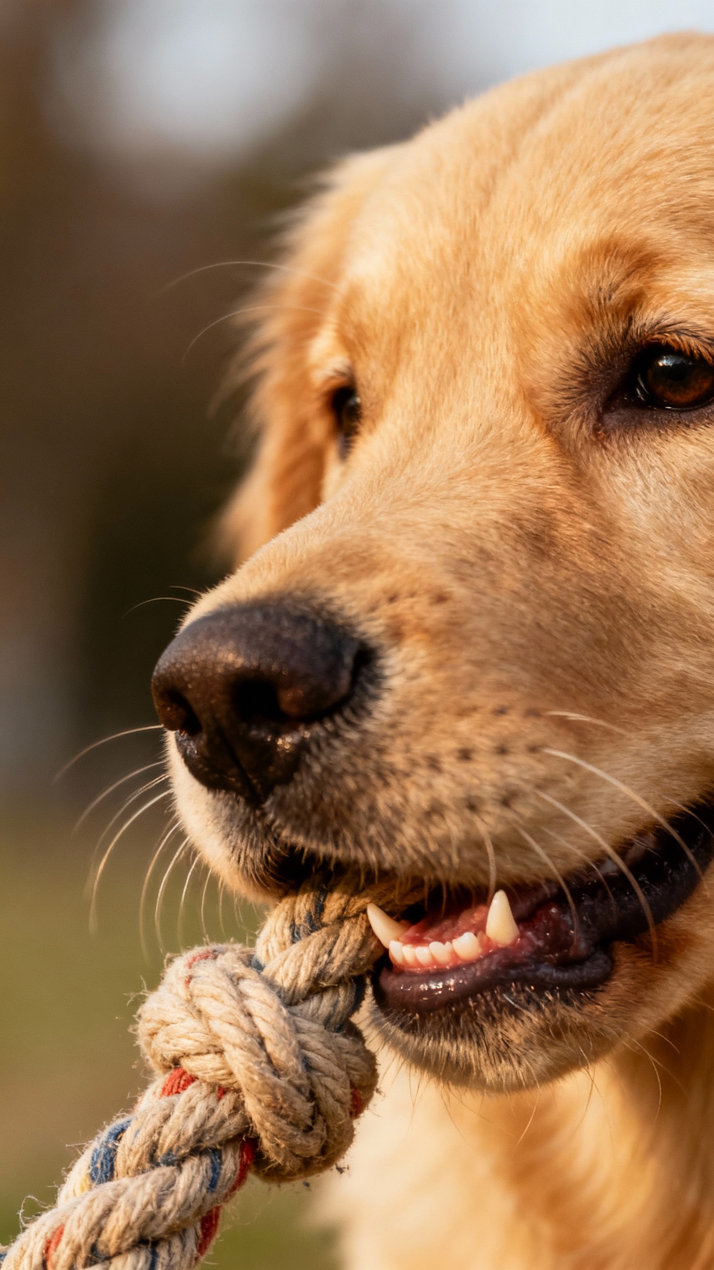 Closeup of golden retriever puppy mouthing rope tug toy, soft lighting, visible tiny teeth