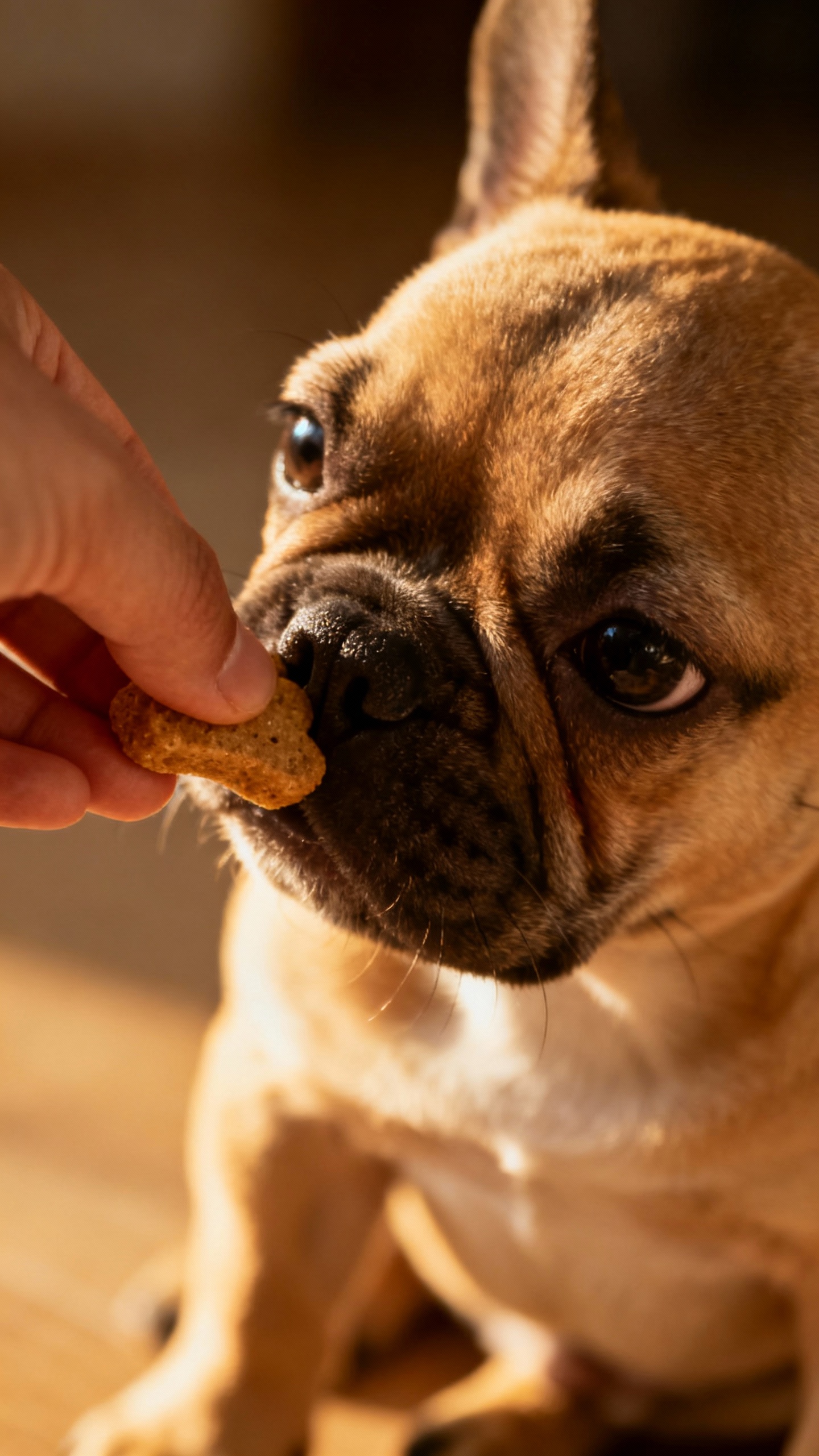 Closeup of hand luring Frenchie puppy into sit, treat near nose
