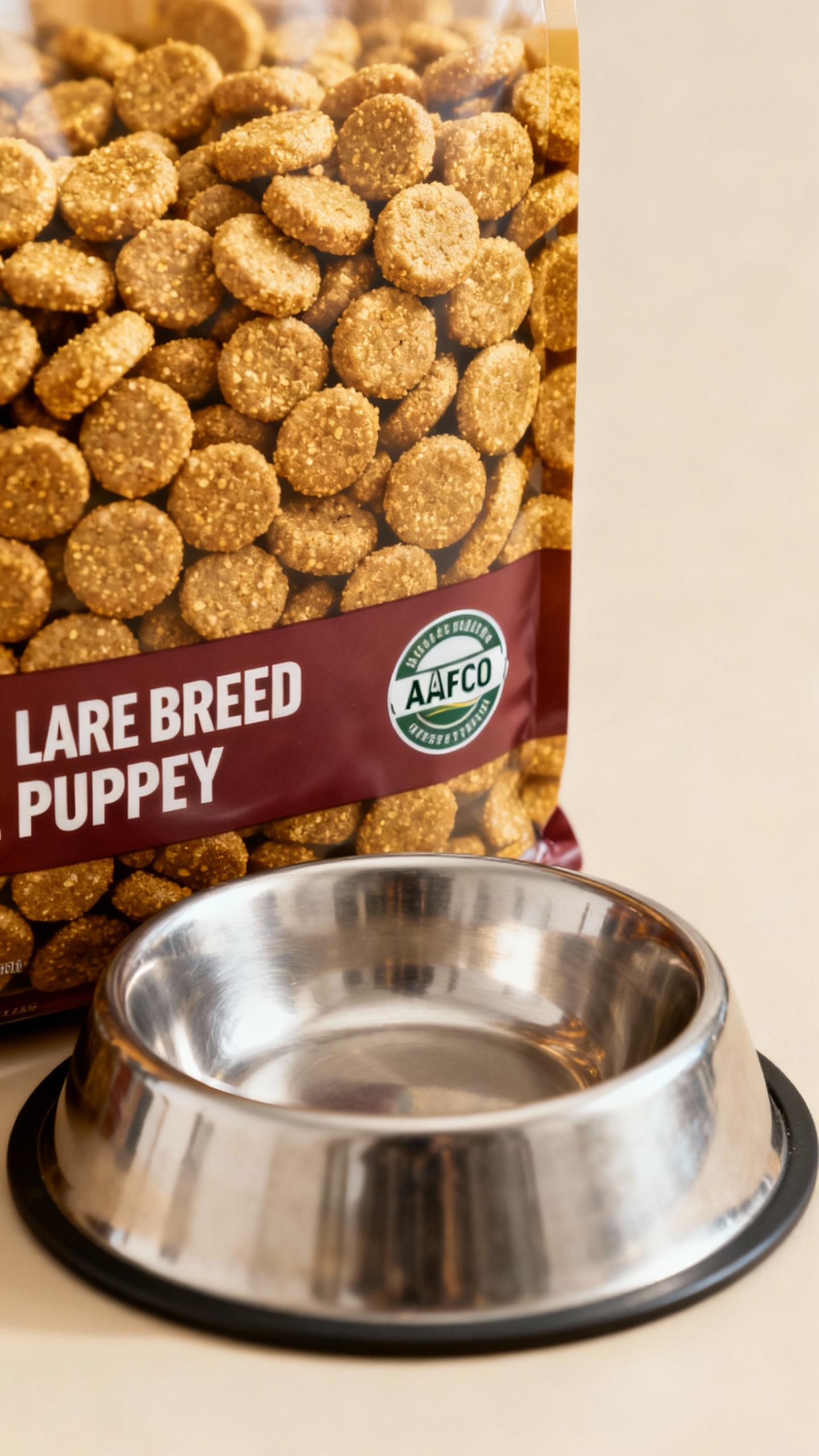 Closeup of large-breed puppy kibble label, AAFCO seal, silver bowl