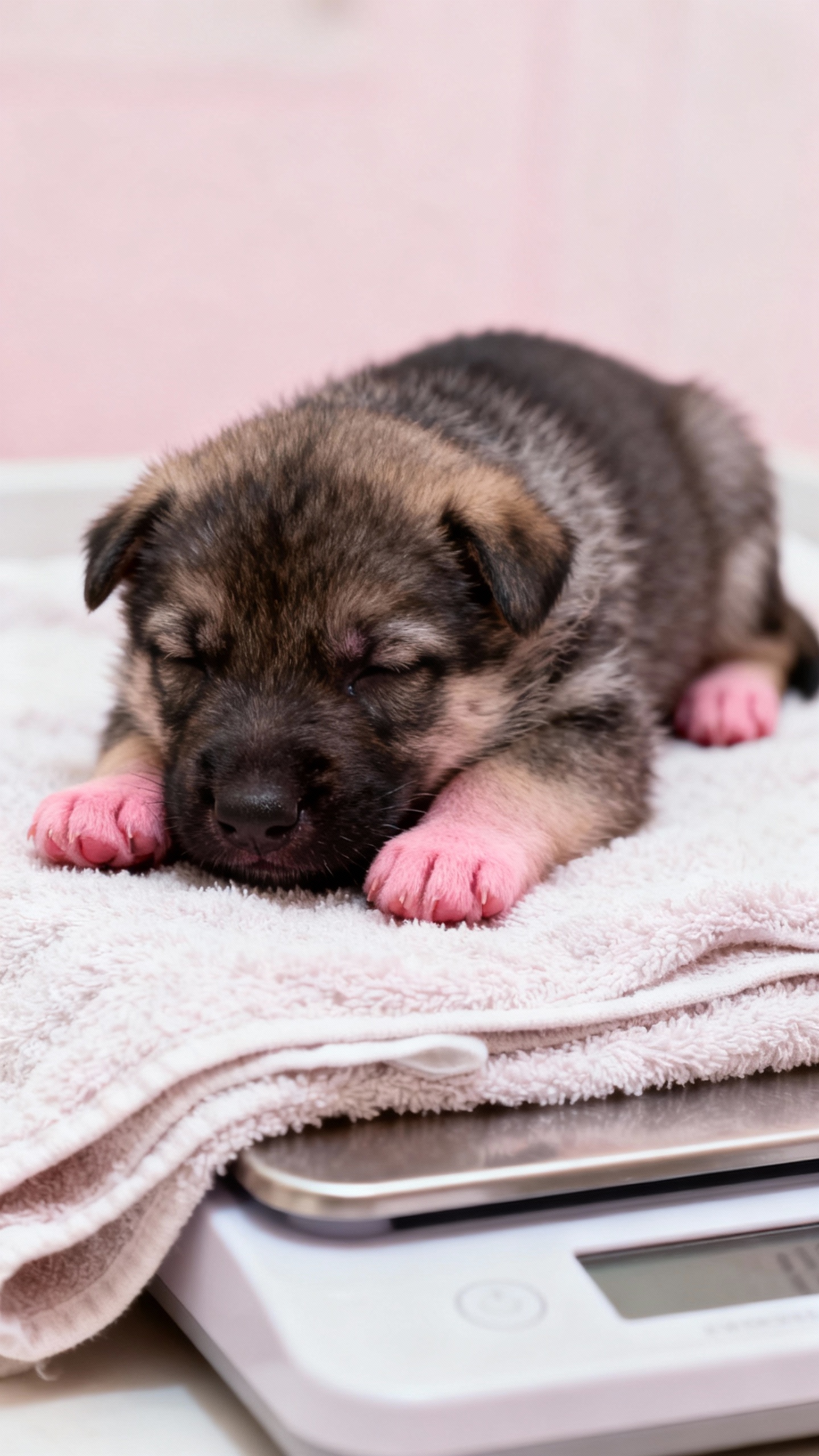 Closeup of newborn German Shepherd puppy on scale, pink paws, pale towel