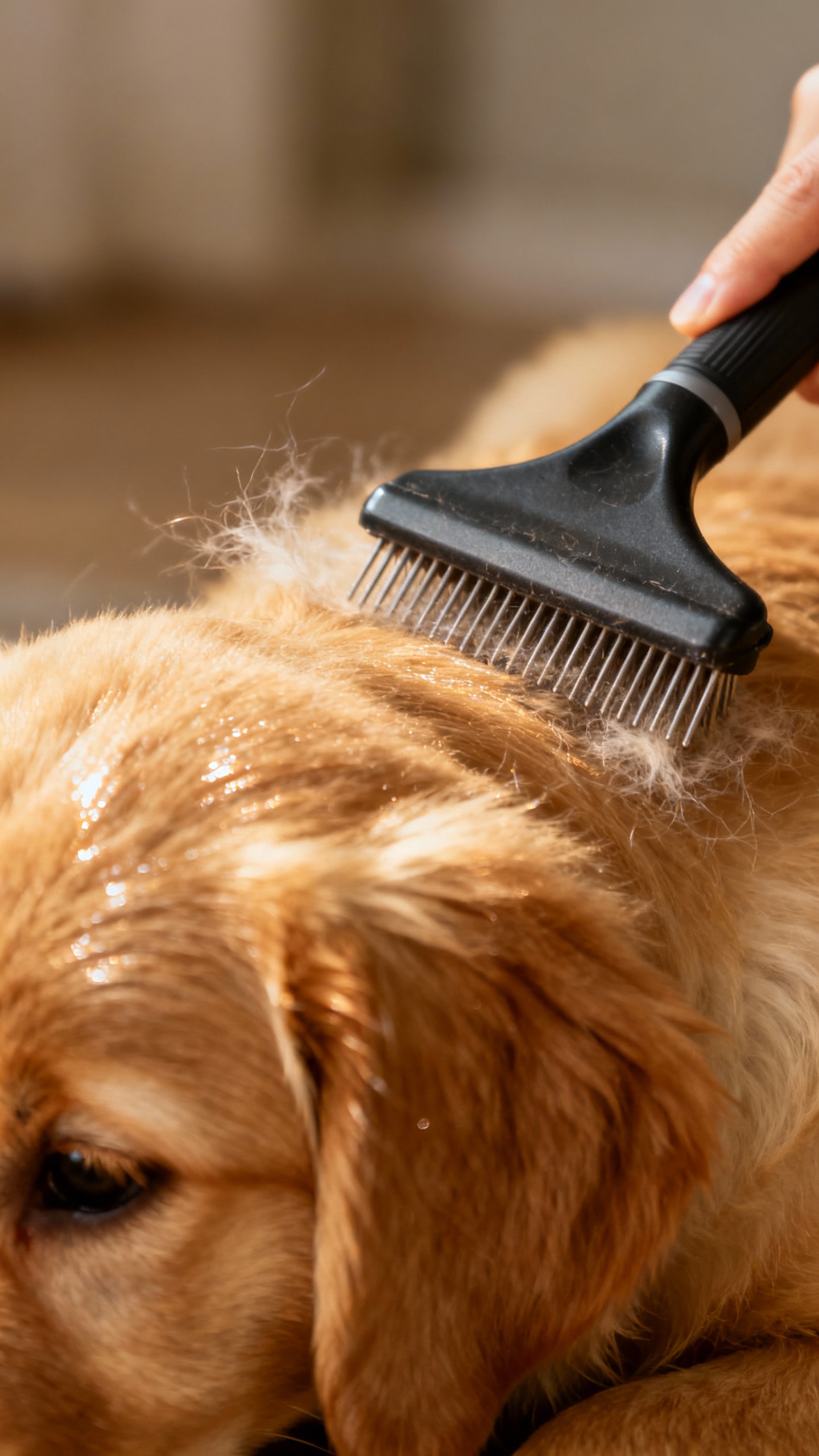Closeup slicker brush removing golden retriever puppy undercoat, soft lighting
