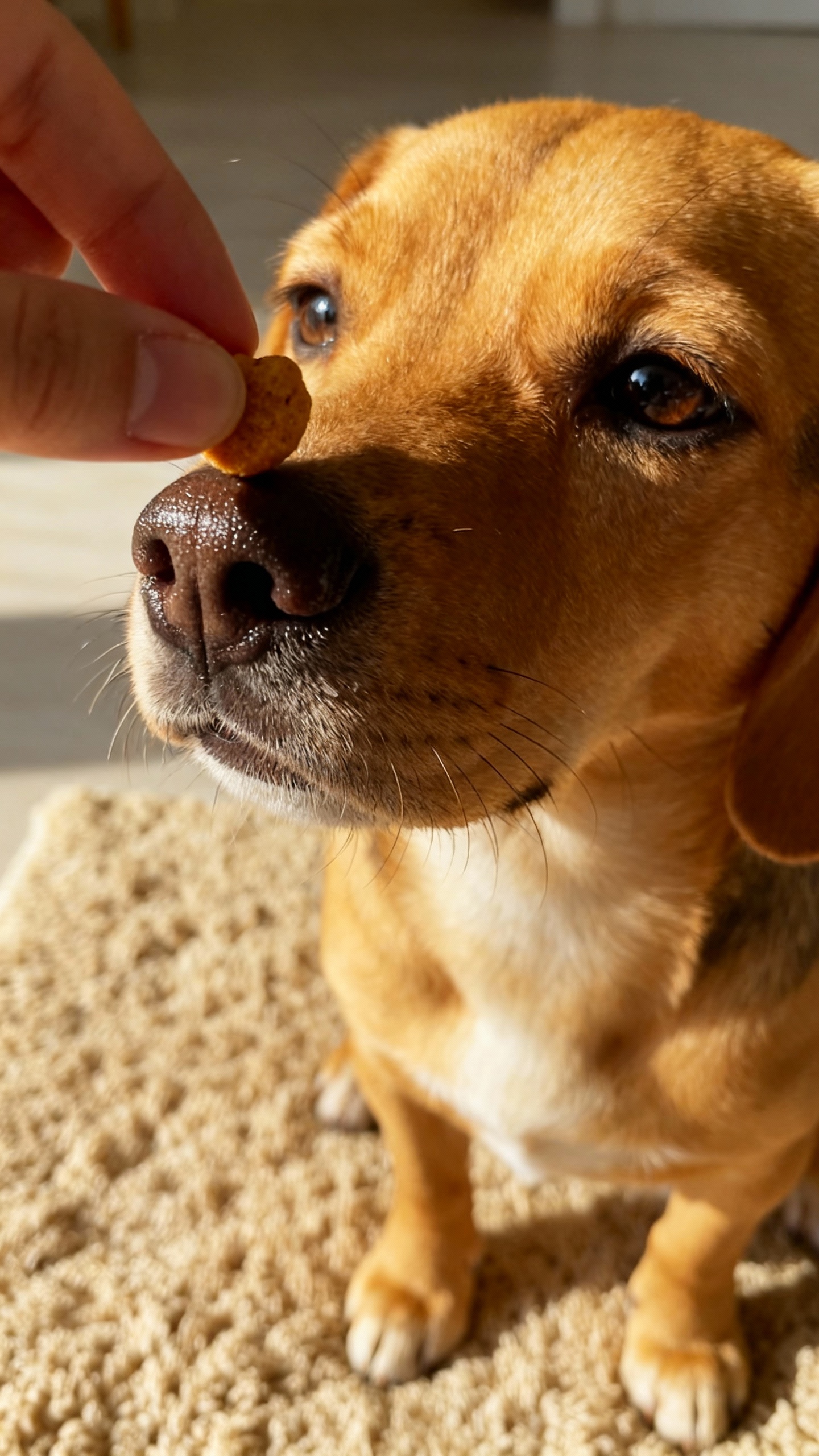 Closeup tiny treat near puppy nose, “leave it” training on rug
