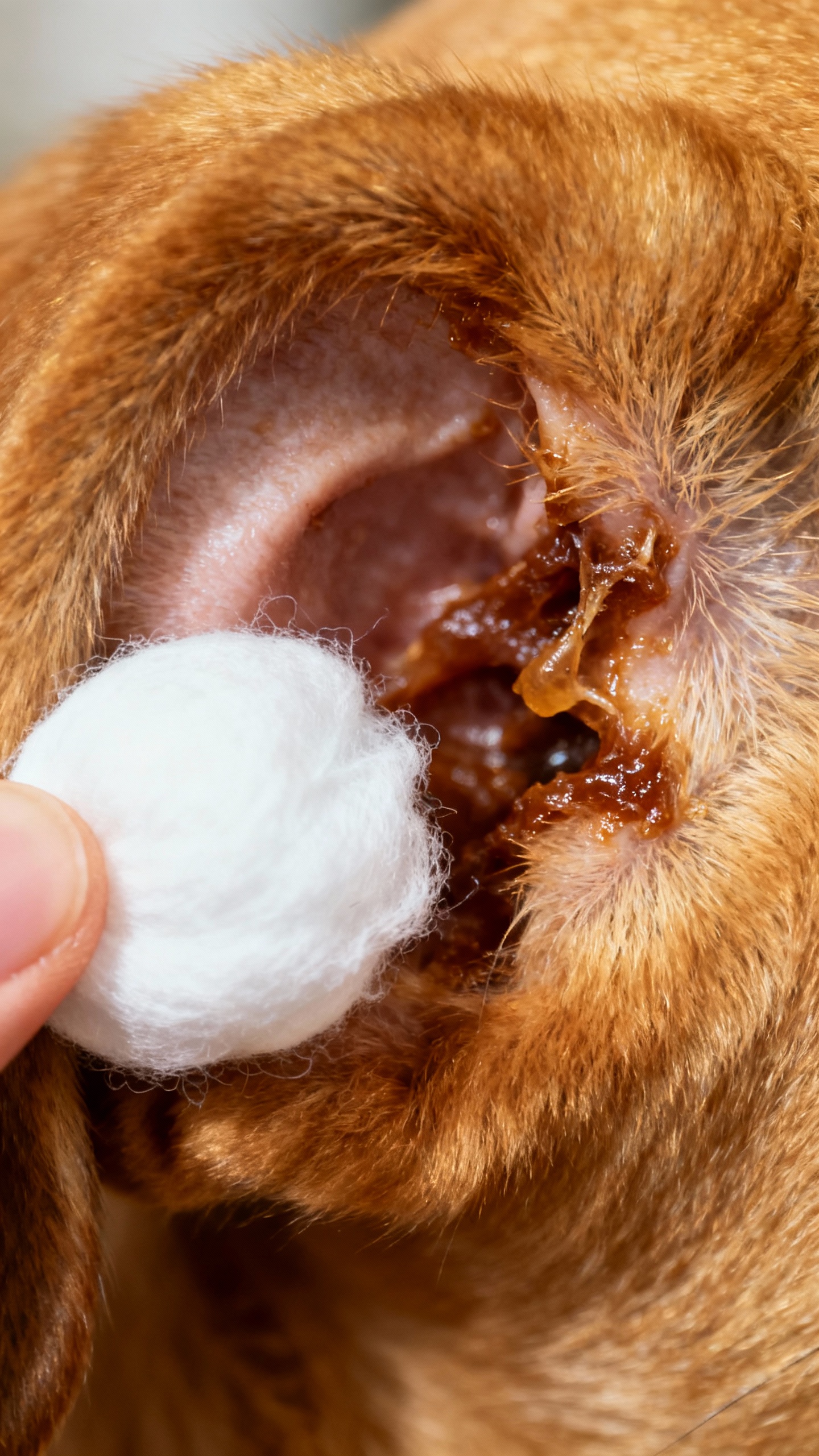 Cotton ball wiping brown wax from puppy ear canal, extreme closeup