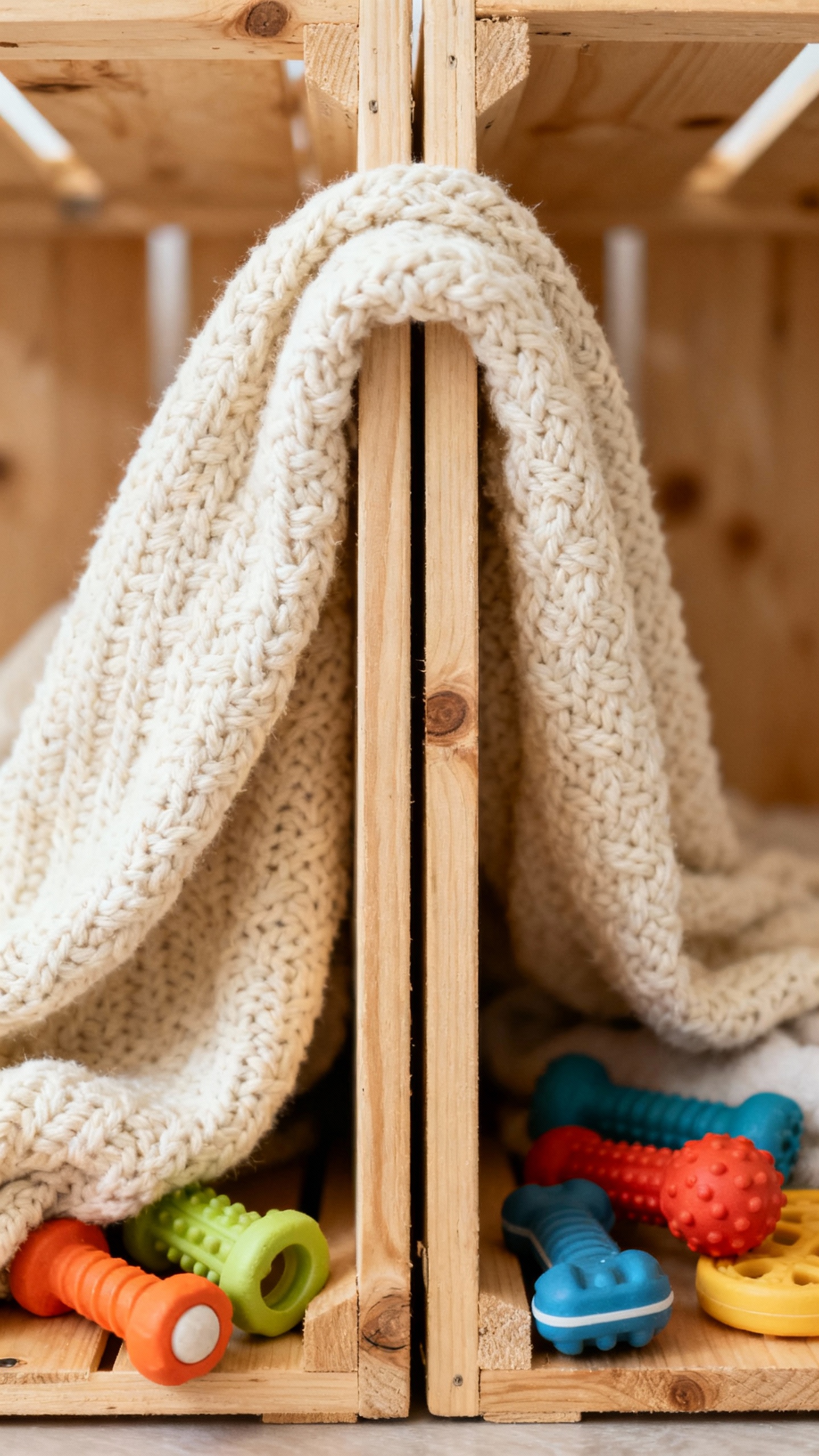 Crate interior with divider, cozy blanket and chew toys