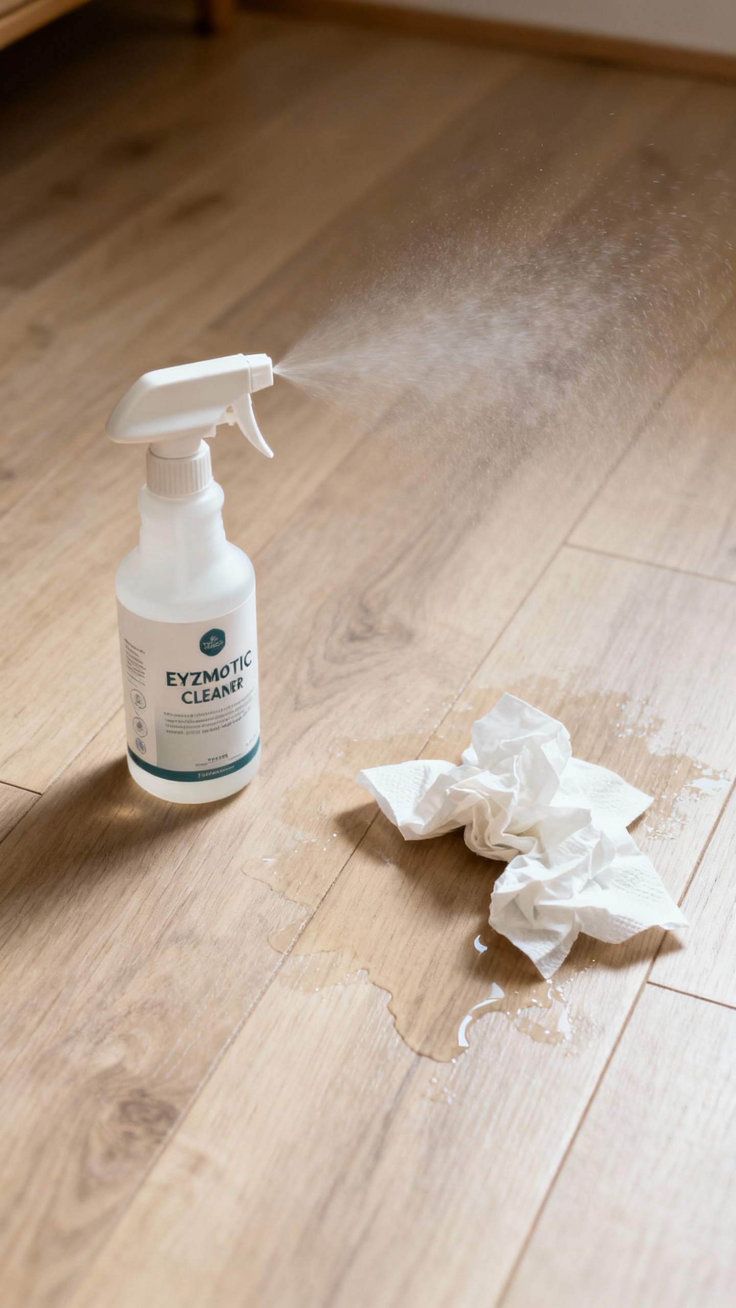 Enzymatic cleaner sprayed on hardwood after accident, paper towels