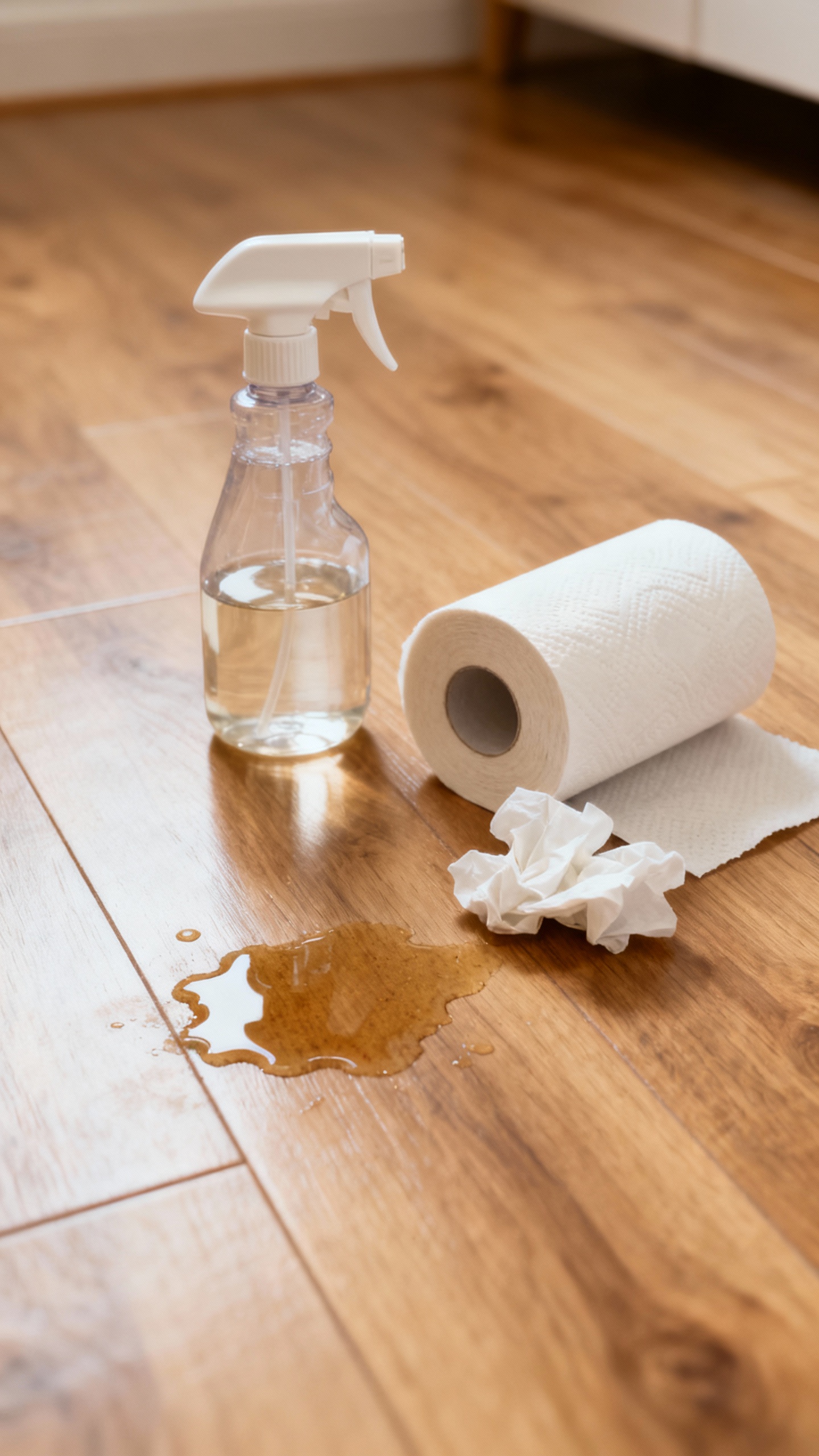 Enzyme cleaner spray bottle and paper towels cleaning puppy pee on hardwood floor