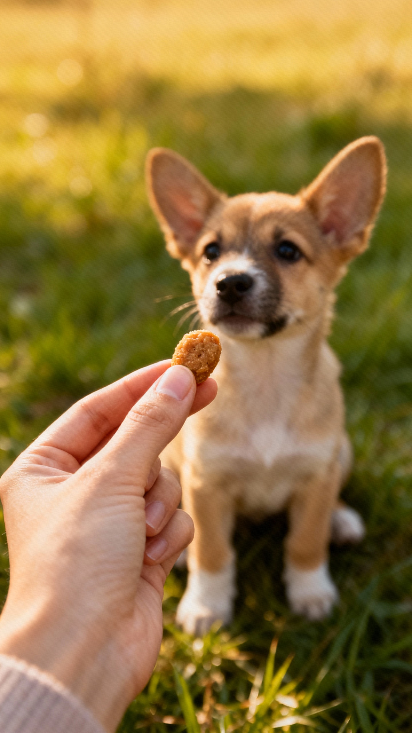 Female hand holding pea-sized chicken treat near puppy outside