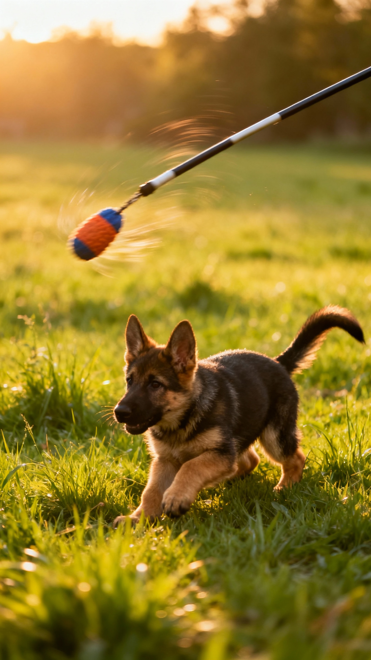 Flirt pole toy mid-swing over grass, German Shepherd puppy crouched