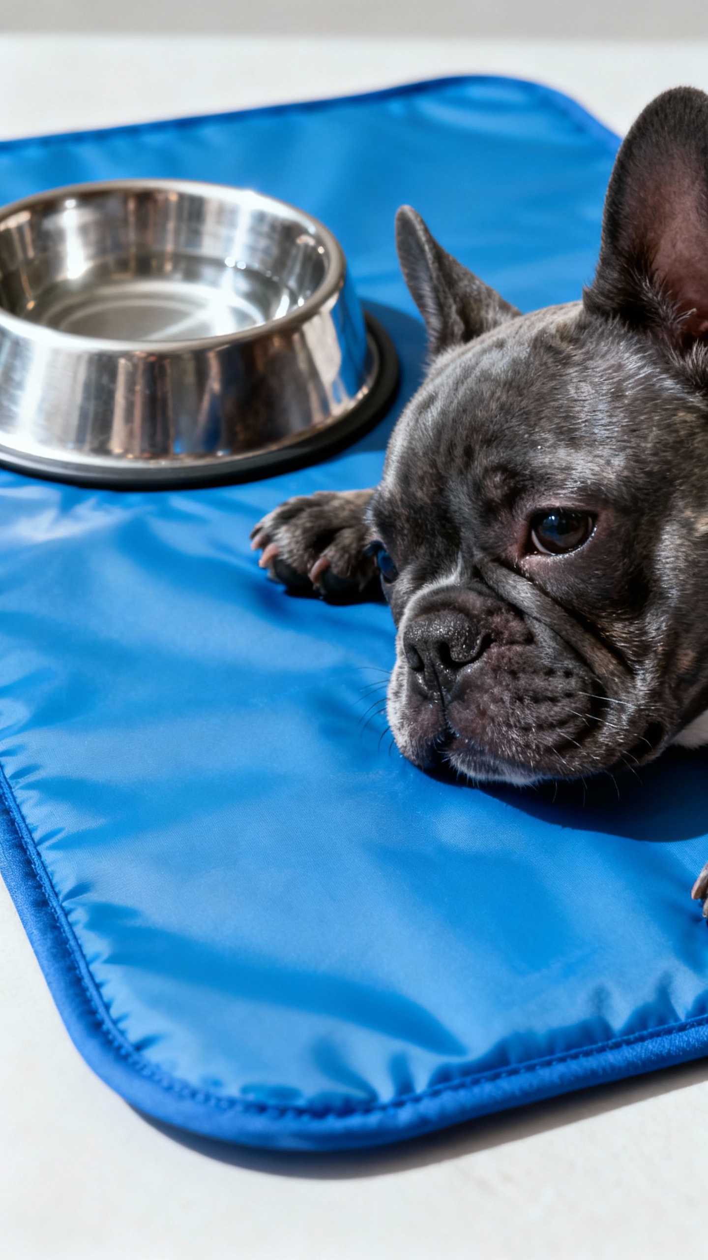 Frenchie puppy on blue cooling mat, stainless water bowl nearby