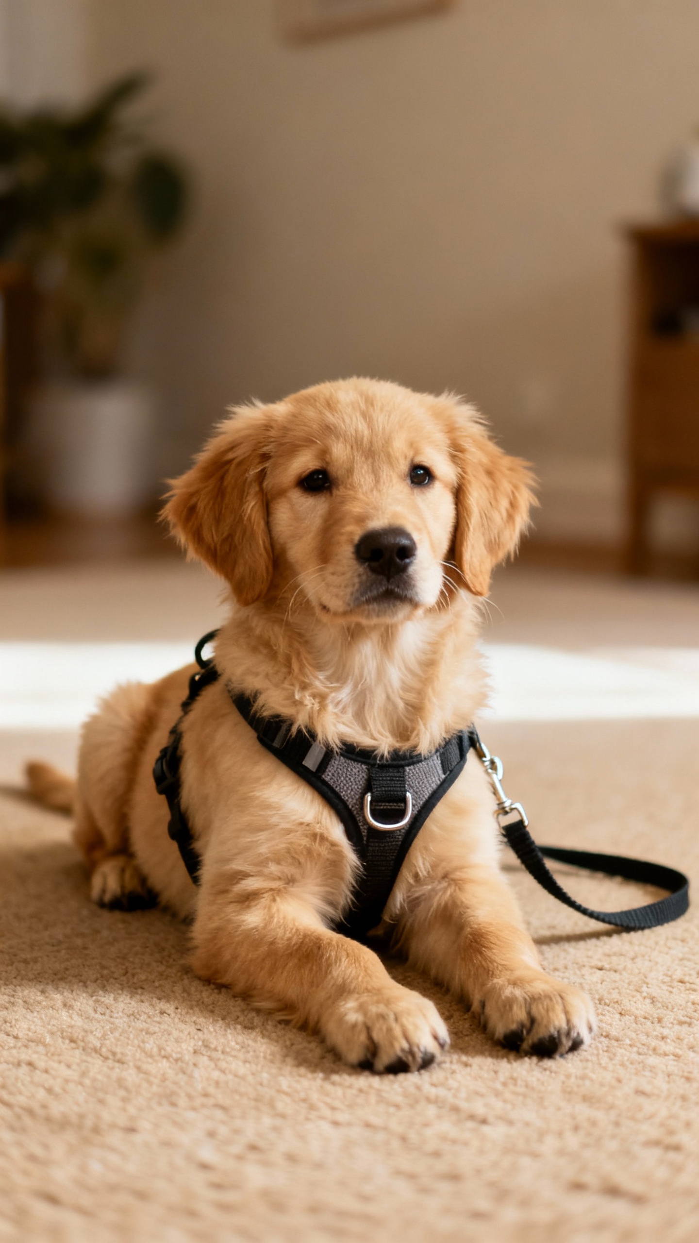 Front-clip harness on golden retriever puppy, loose leash indoors