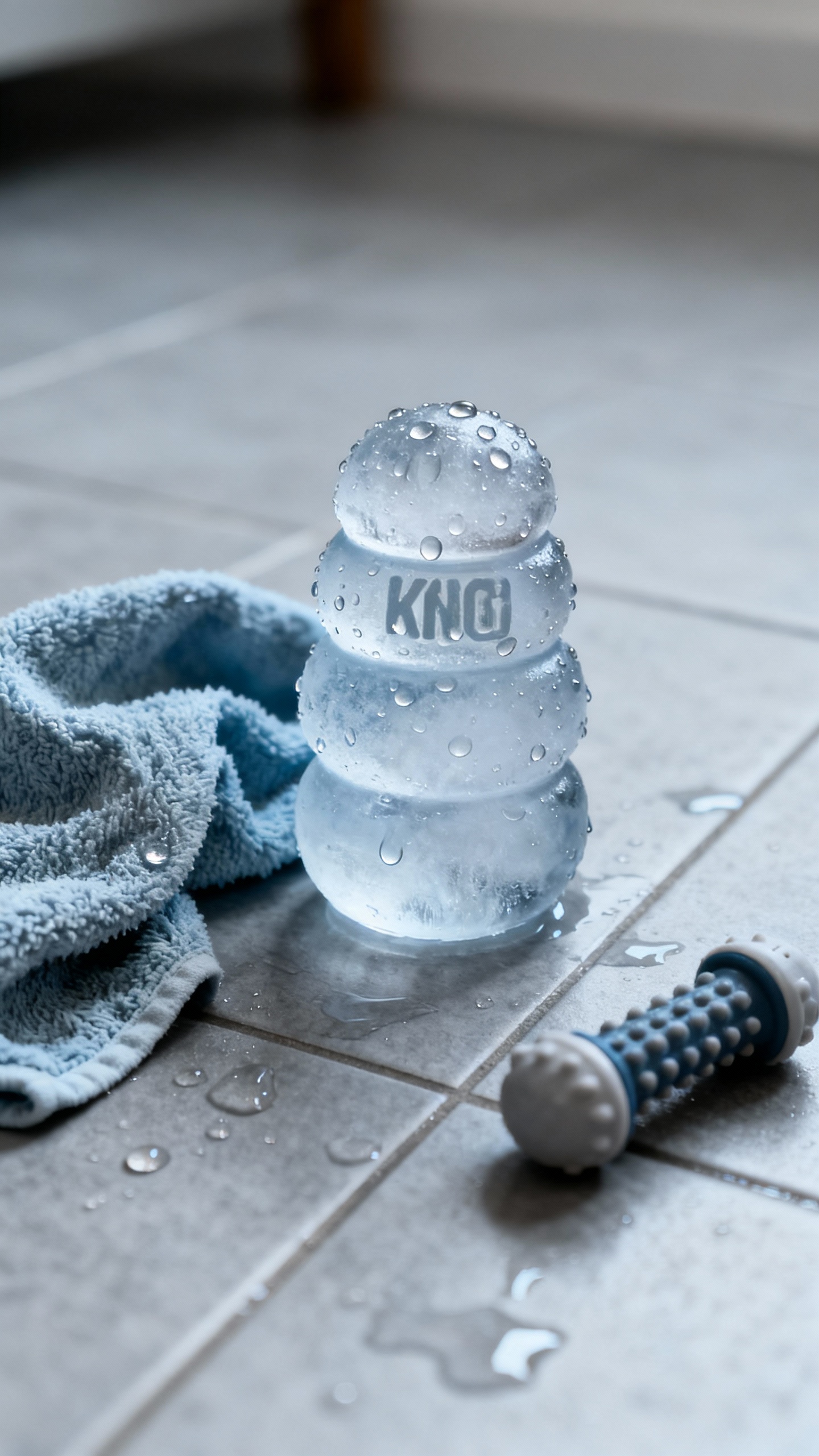 Frozen Kong and damp washcloth on tile floor, condensation beads, teething chew setup