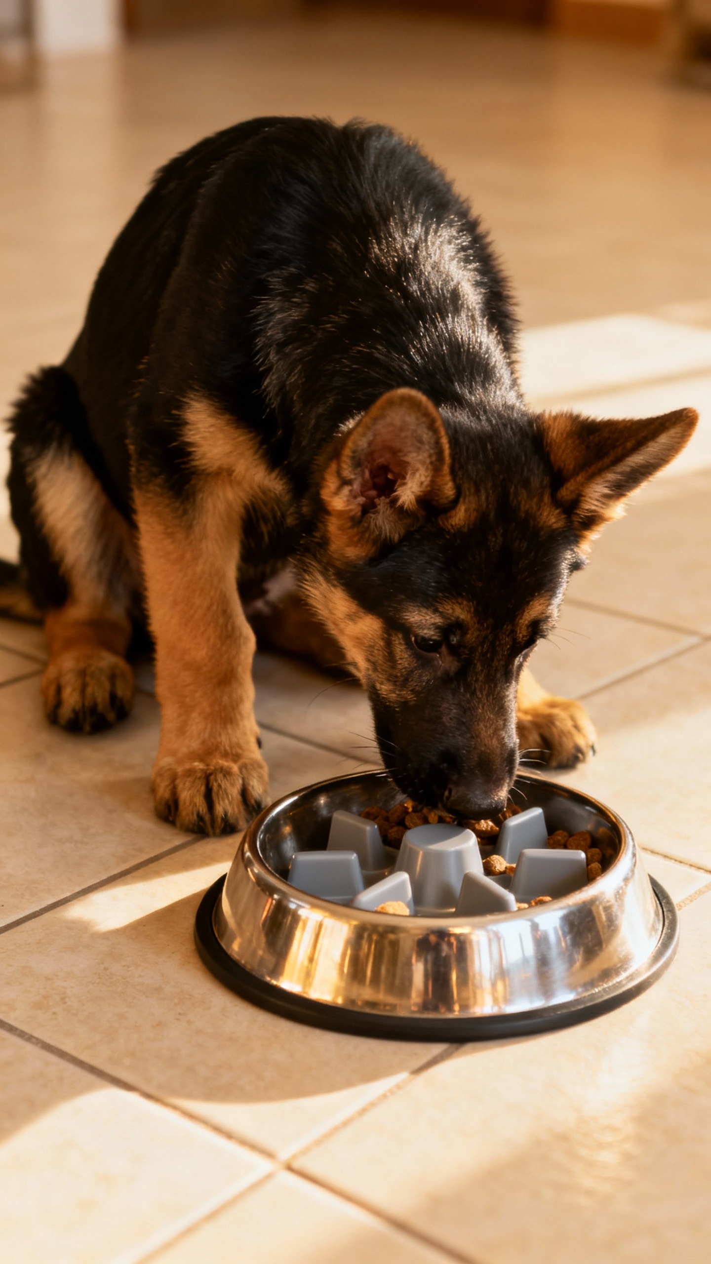 German Shepherd puppy eating from slow feeder bowl, glossy coat, tiled floor