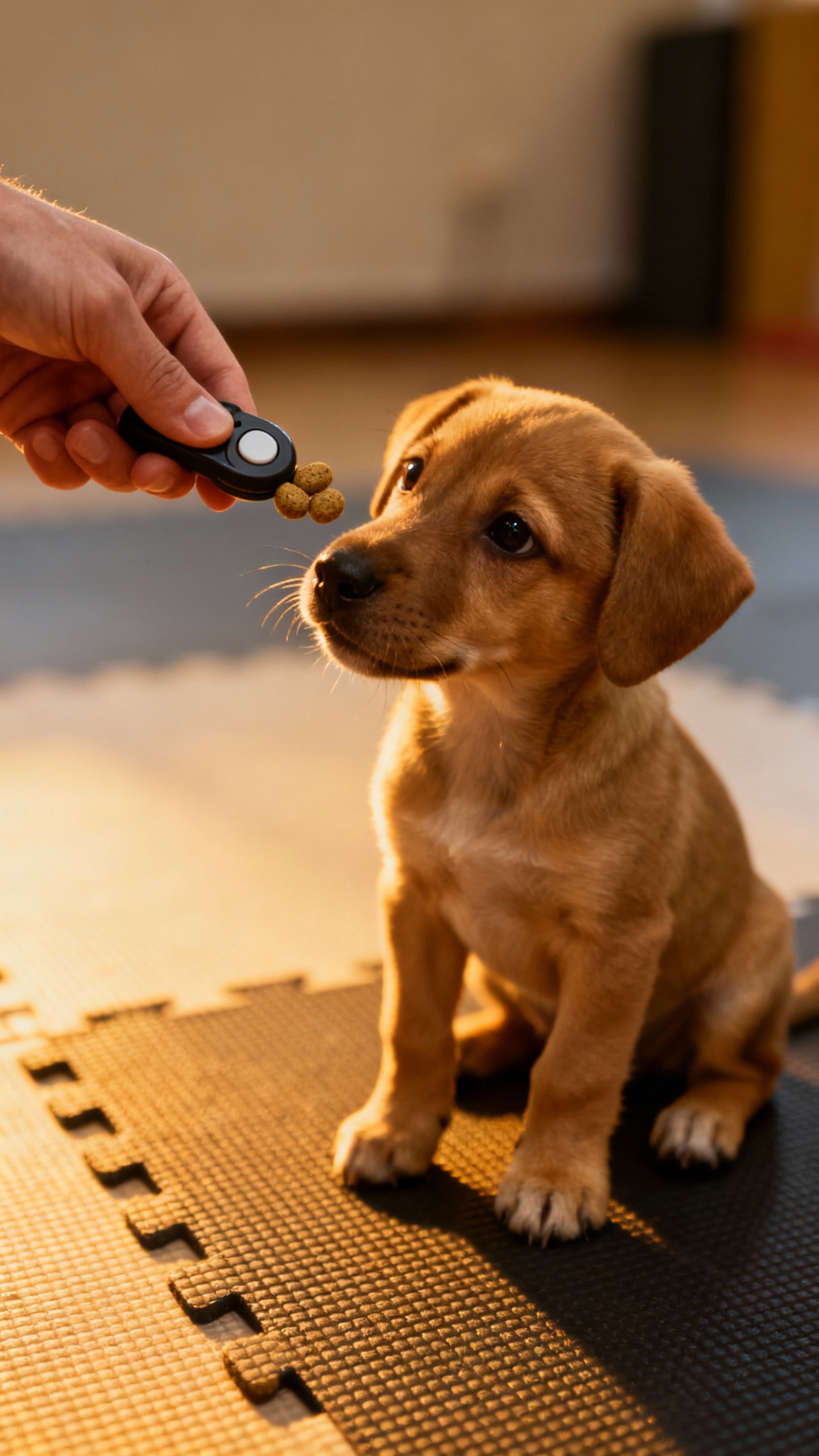 Hand holding clicker and pea-sized treats, puppy focusing, indoor training mat