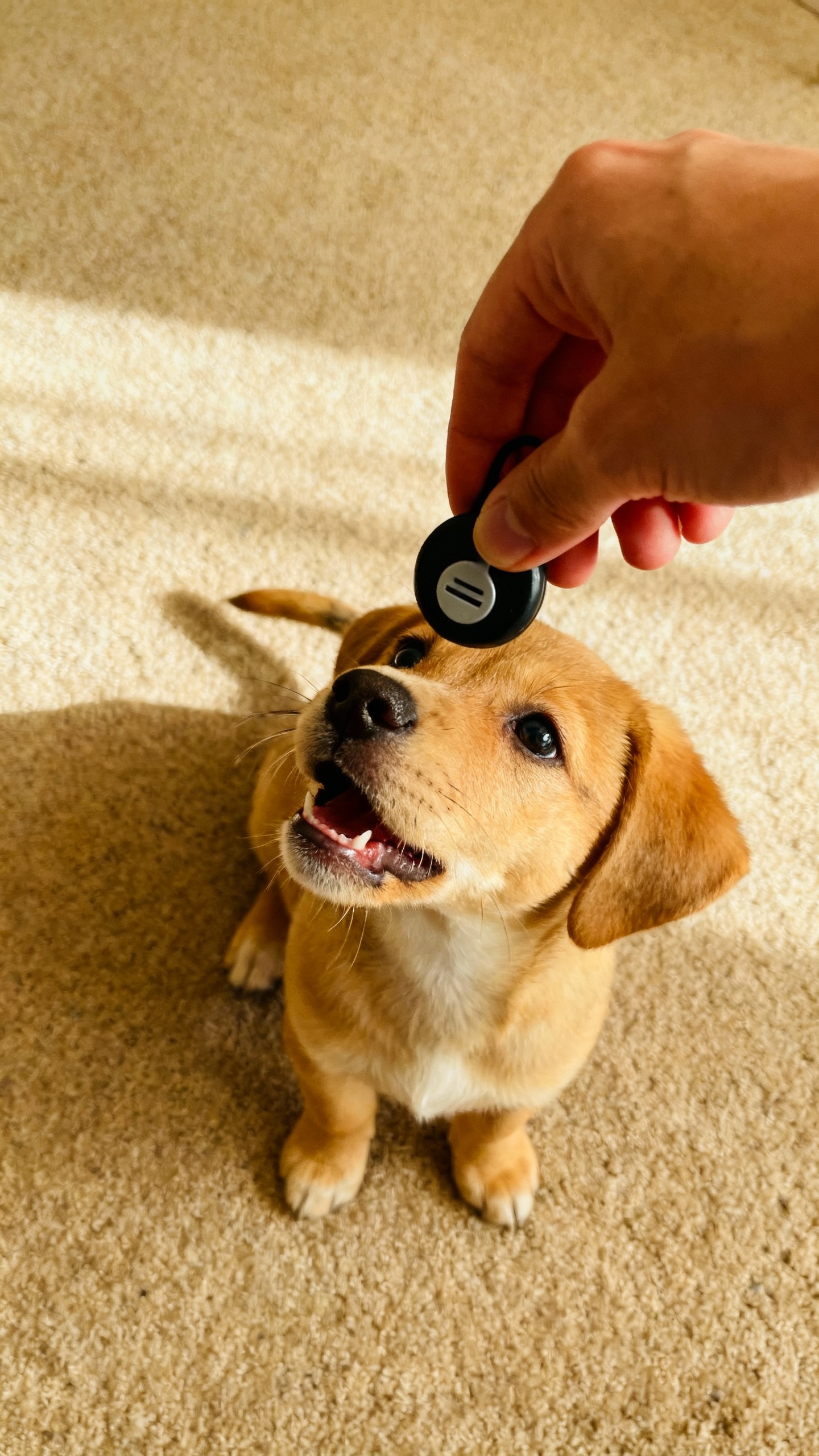 Hand holding clicker near puppy’s face, treat-ready, indoor carpet