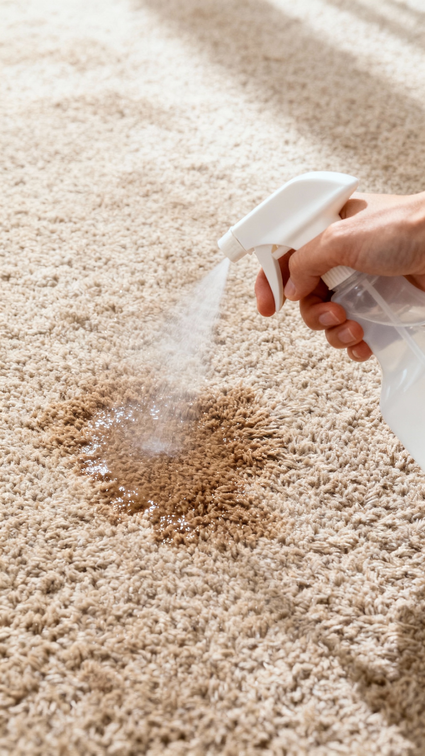 Hand spraying enzymatic cleaner on beige carpet accident stain