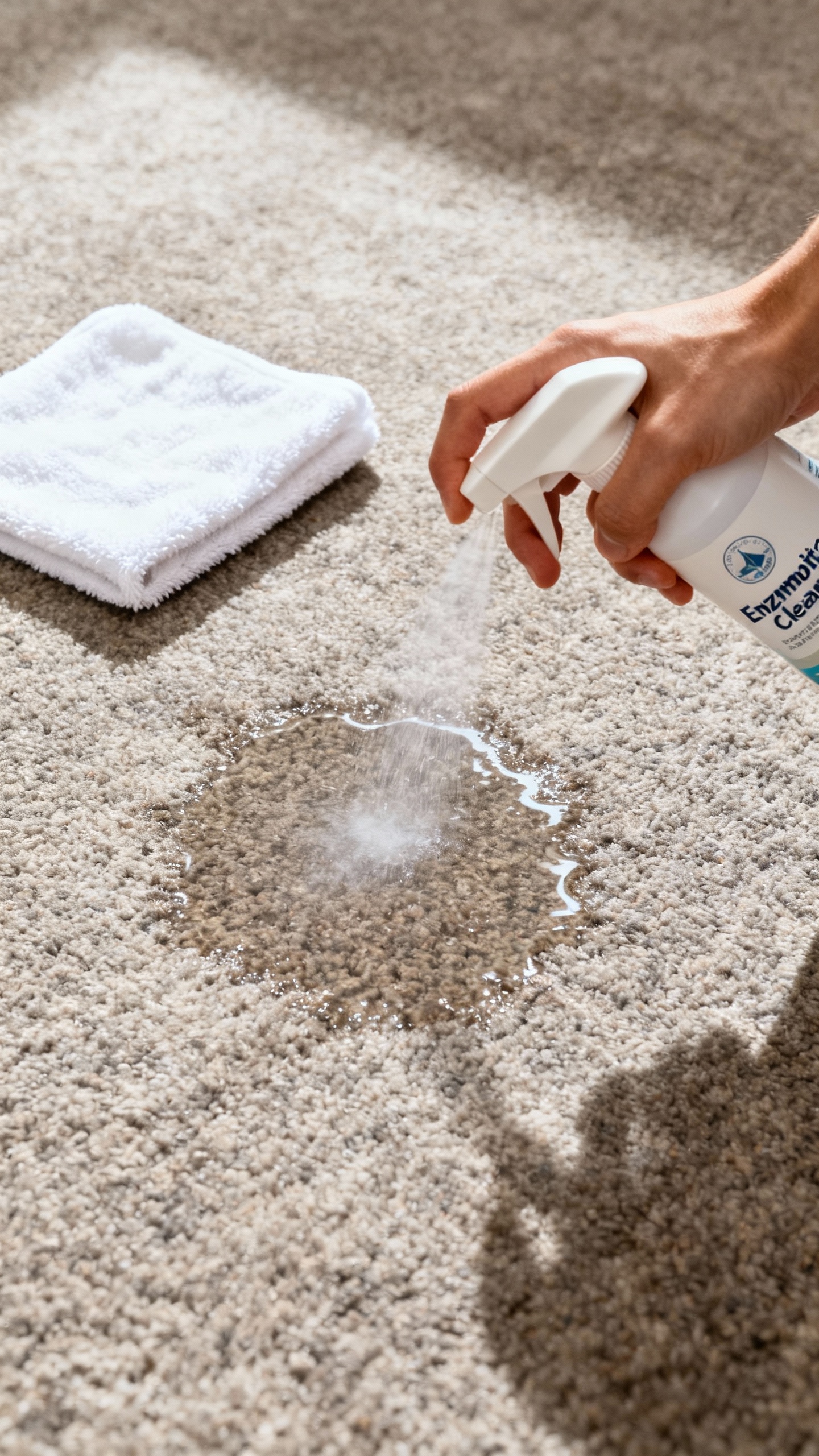 Hand spraying enzymatic cleaner on carpet puddle, white microfiber cloth nearby