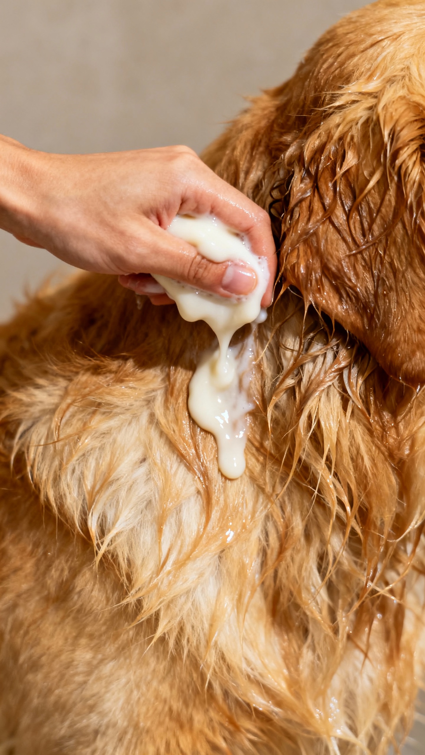 Hand squeezing oatmeal dog shampoo onto wet golden fur