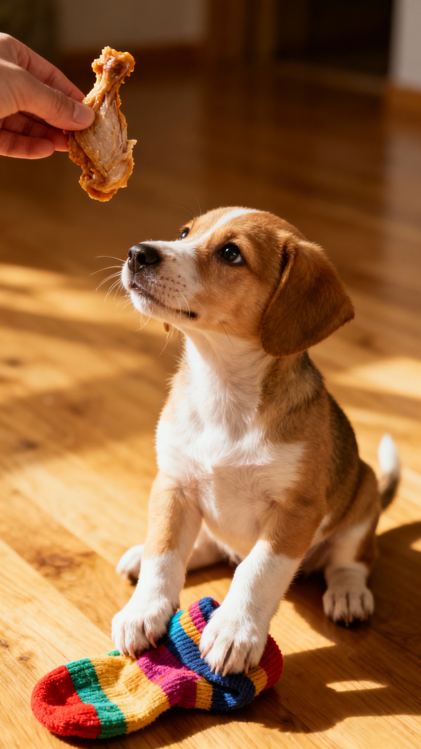 Hand trading sock for high-value treat, puppy focused