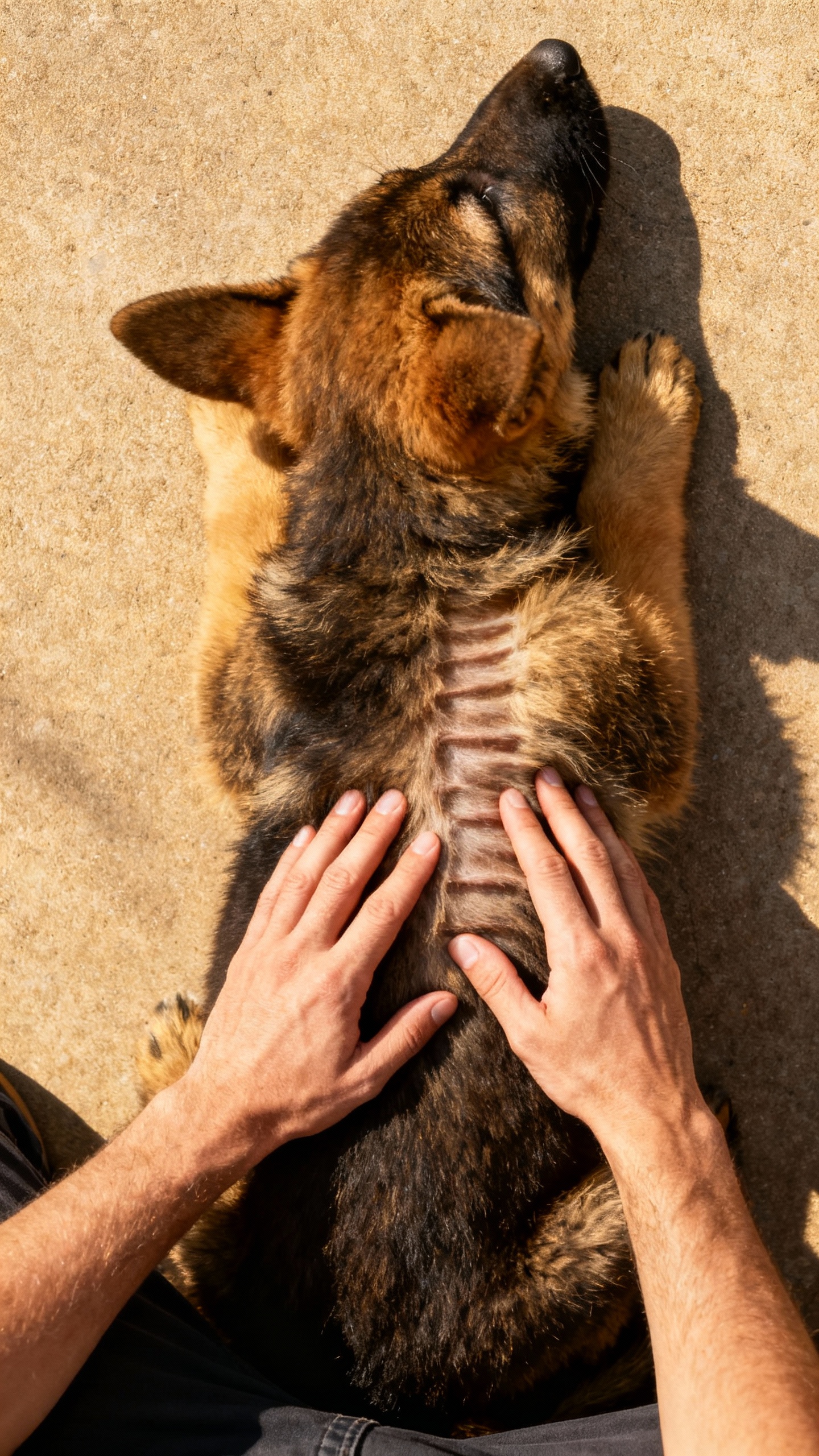 Hands feeling German Shepherd puppy ribs, top-down waist view, natural light