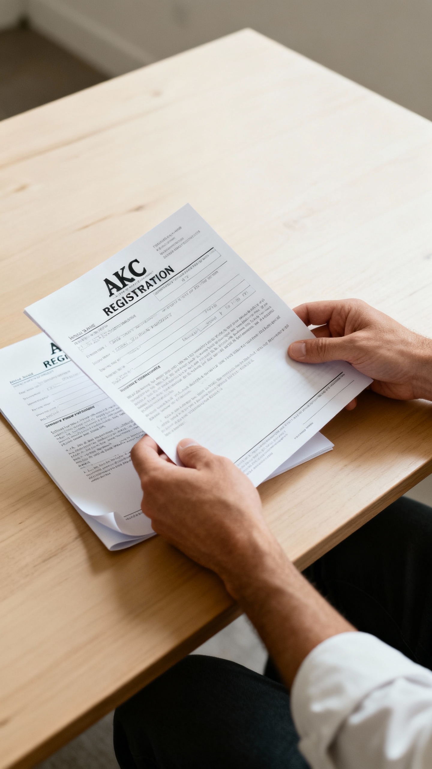 Hands holding AKC registration papers and contract on clean table