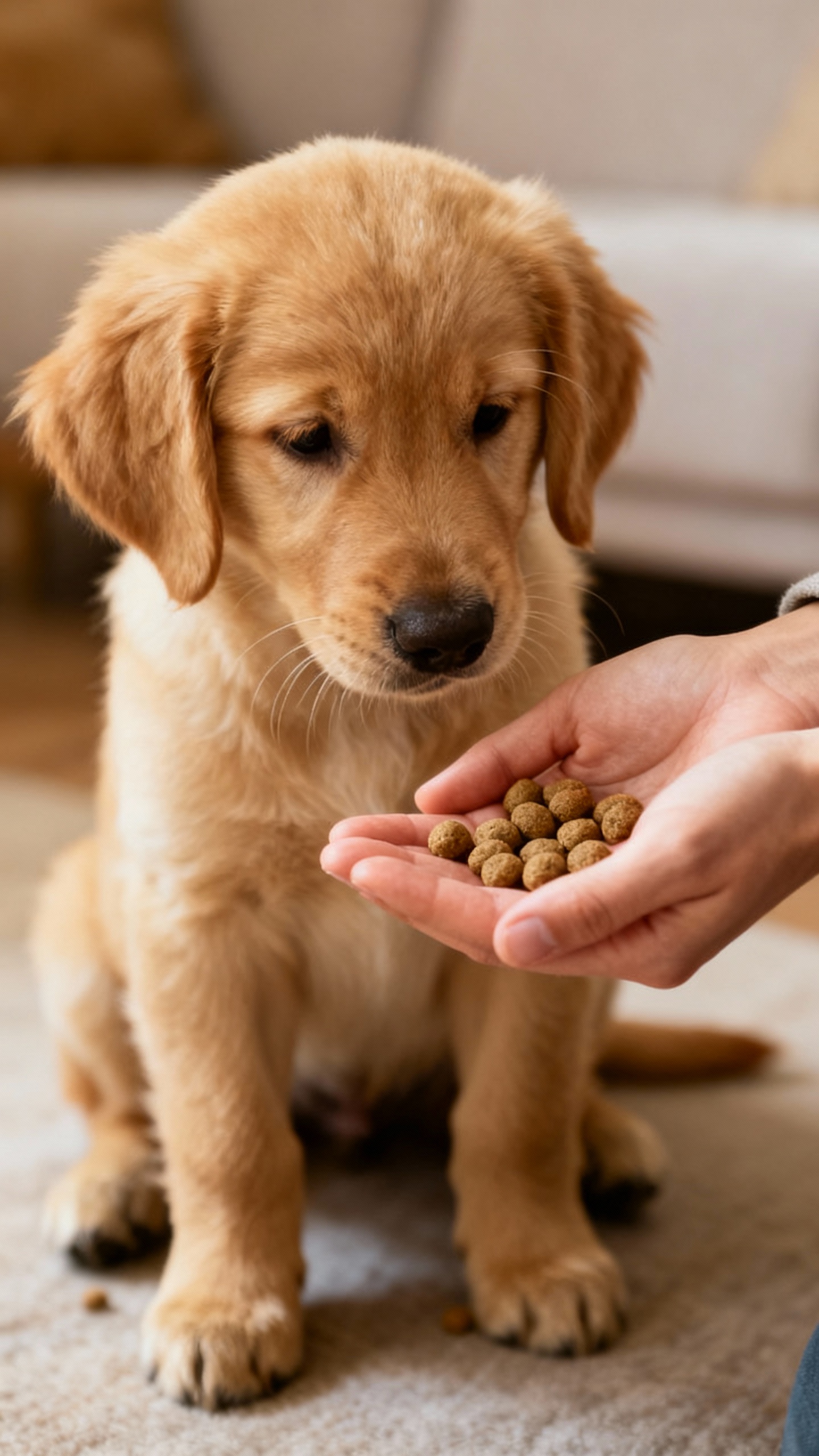 Hands luring golden puppy into sit, pea-sized treats, indoor